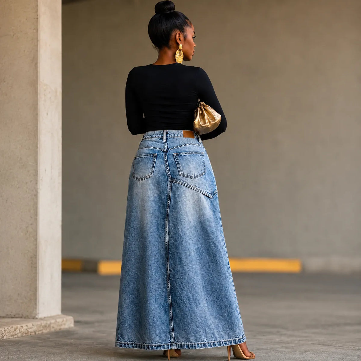 Saviera Denim Maxi Skirt - Women's Asymmetric Slit Skirt