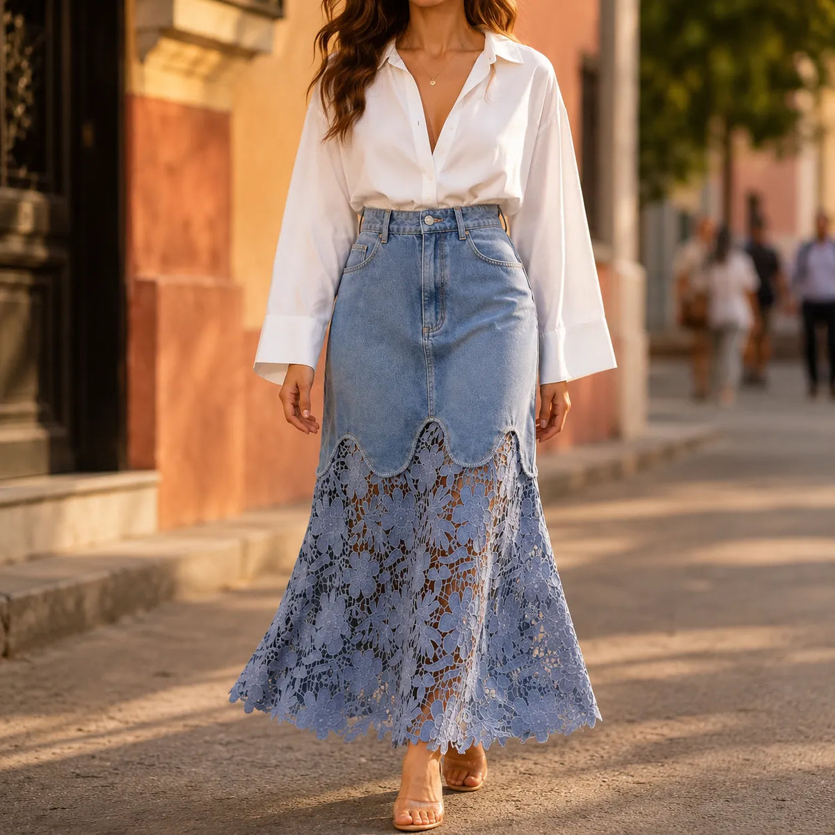 Florenza Lace Hem Skirt - Denim Women's Maxi Skirt