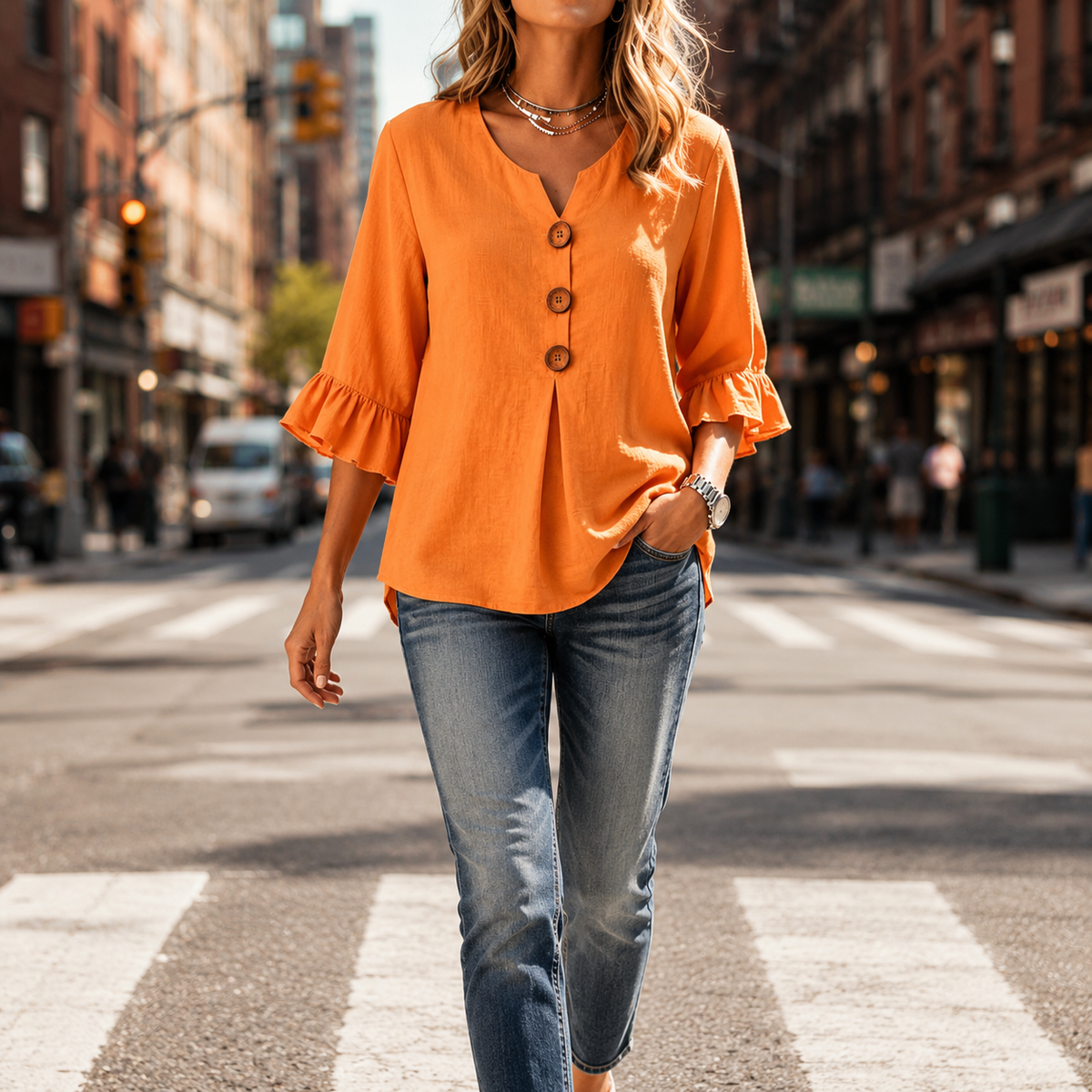Laurelle - V-Neck Ruffle Sleeve Women's Button Blouse