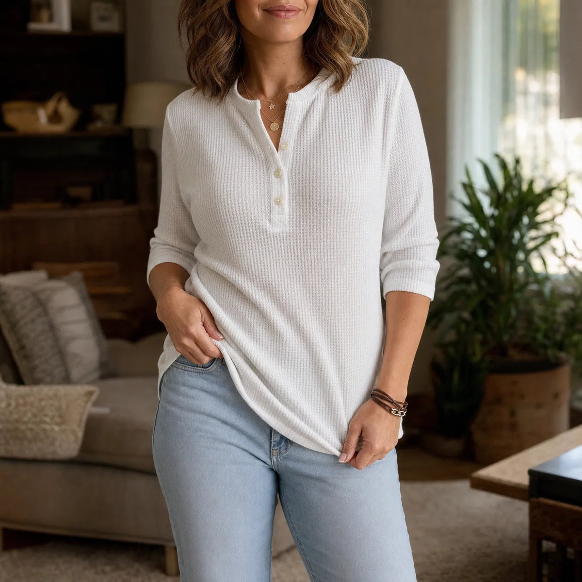 Loravia - Waffle Knit-Look Henley Top, 3/4 Sleeve Women's
