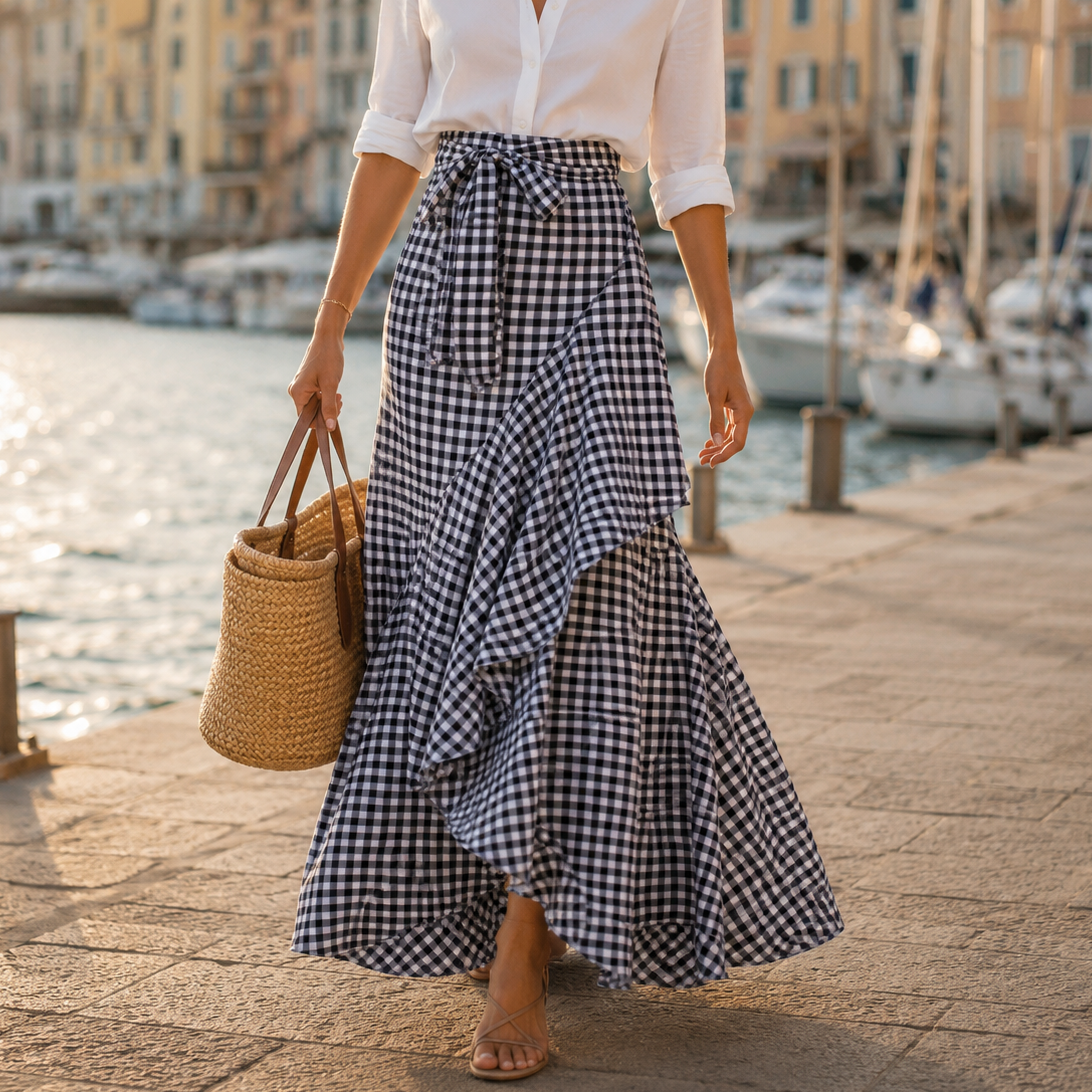 Veluna Gingham Maxi Skirt - Women's Ruffle Maxi Skirt