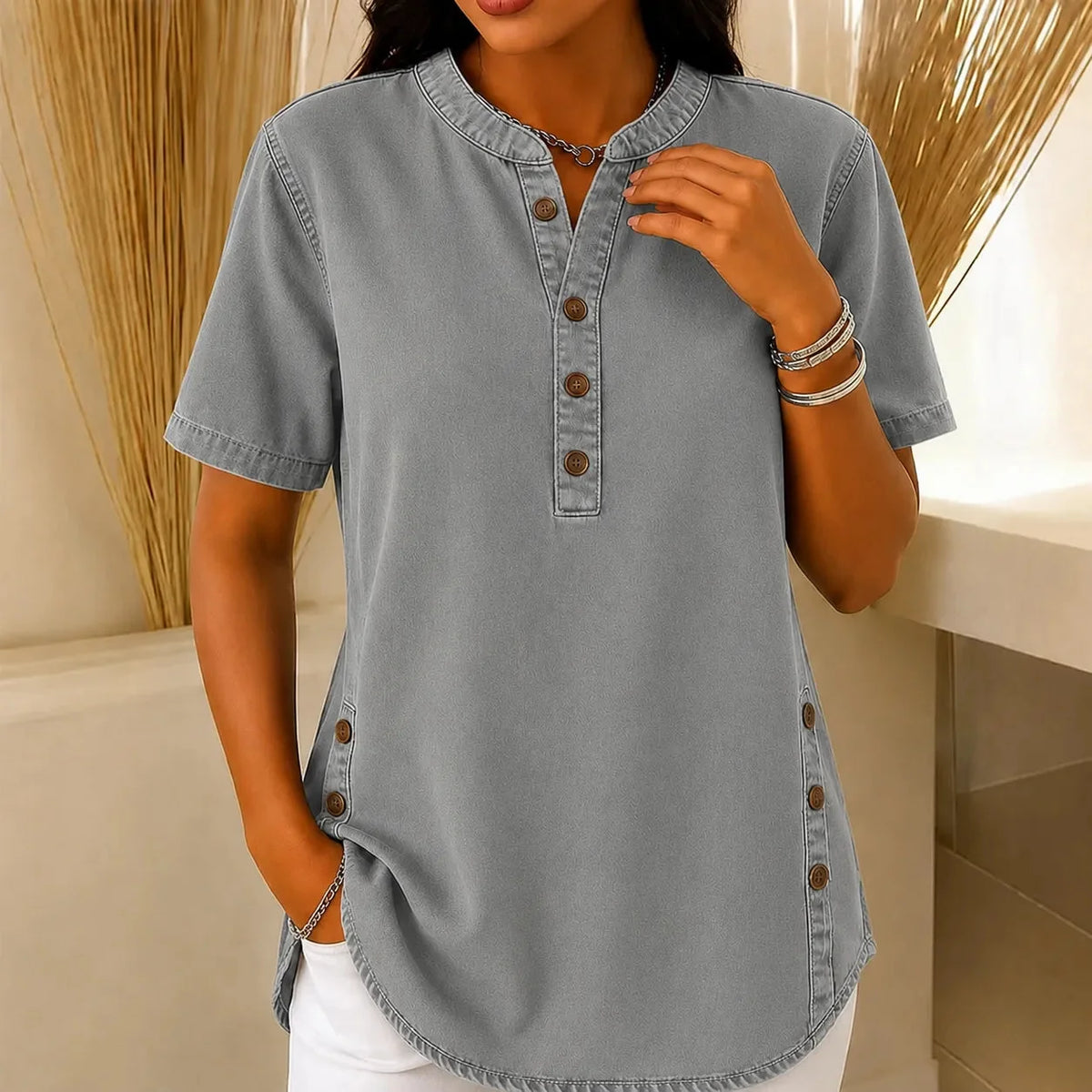 Avelyn - Henley Tunic Top with Side Buttons for Women