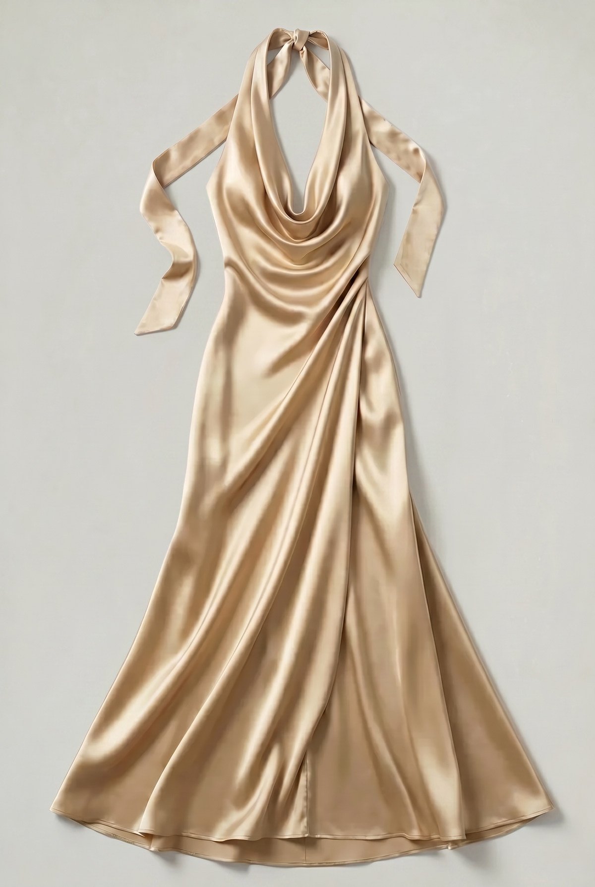 Women's Halter Neck Satin Maxi Dress - Floor Length Gown