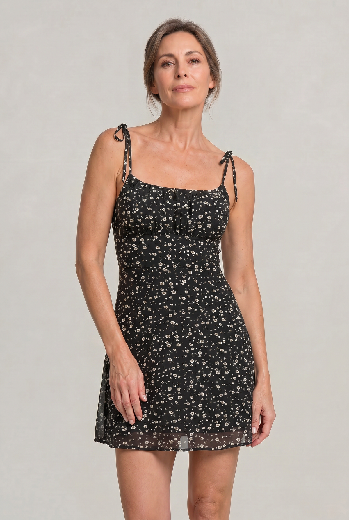 Women's Floral Tie Strap Mini Dress - Square Neck Dress