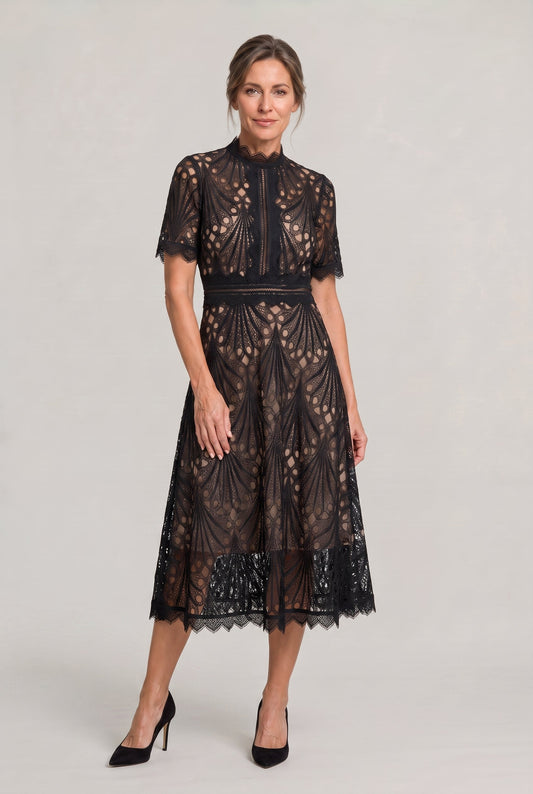 Lace High Neck Midi Dress - Women's Cutwork Dress