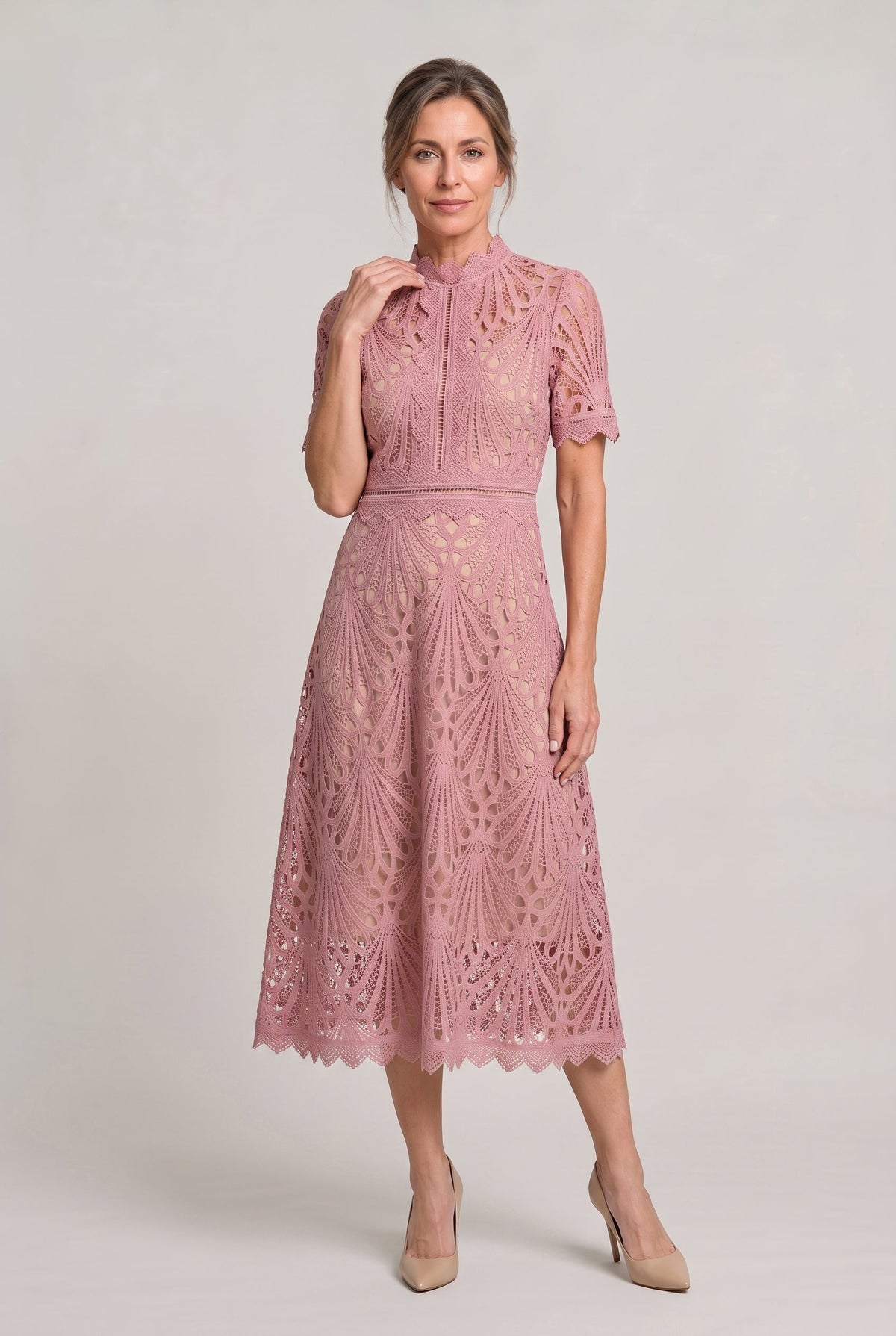 Lace High Neck Midi Dress - Women's Cutwork Dress