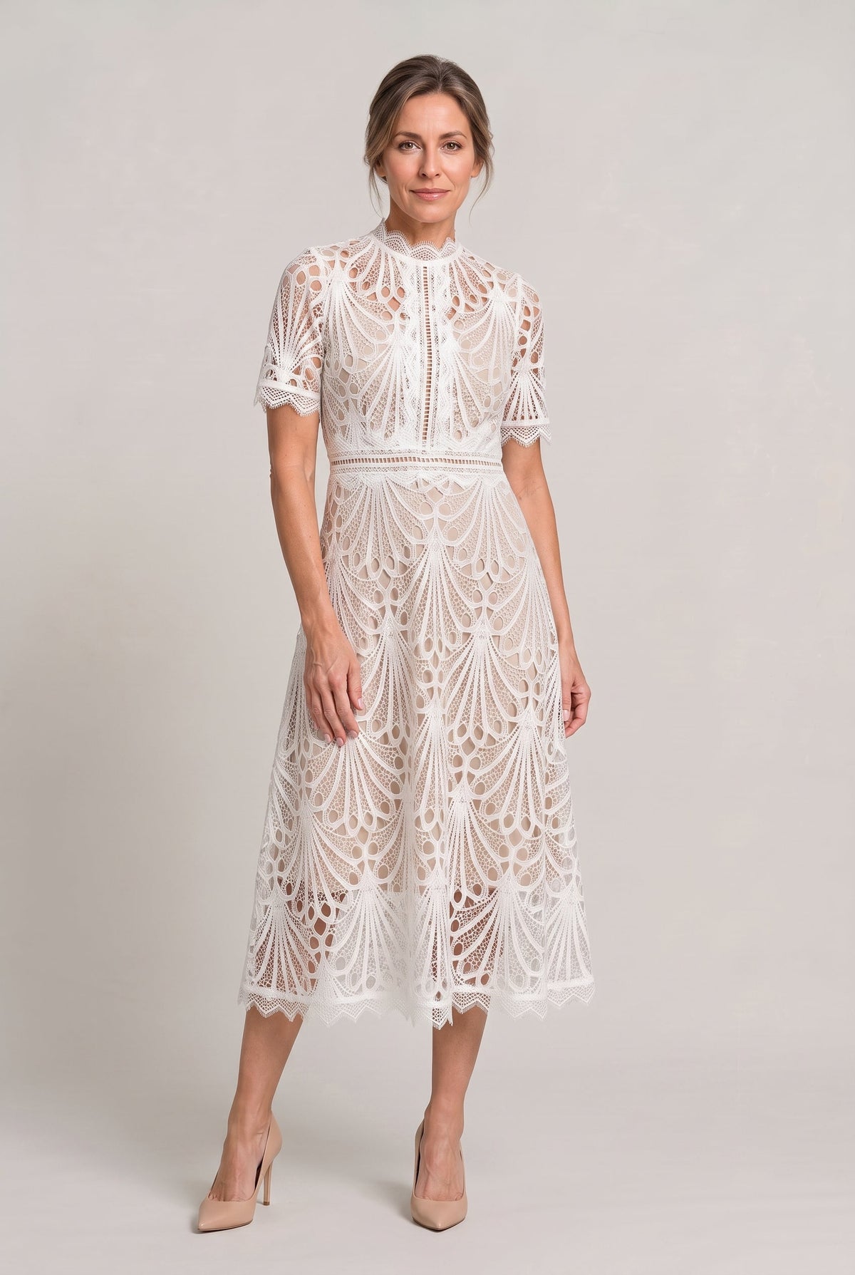 Lace High Neck Midi Dress - Women's Cutwork Dress