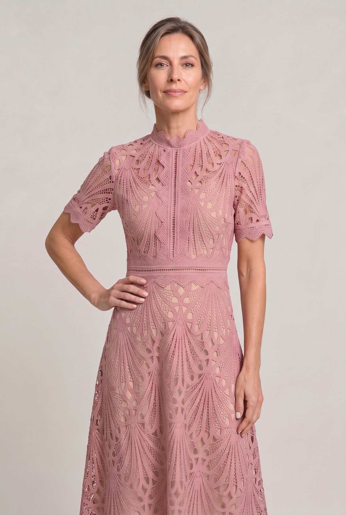 Lace High Neck Midi Dress - Women's Cutwork Dress