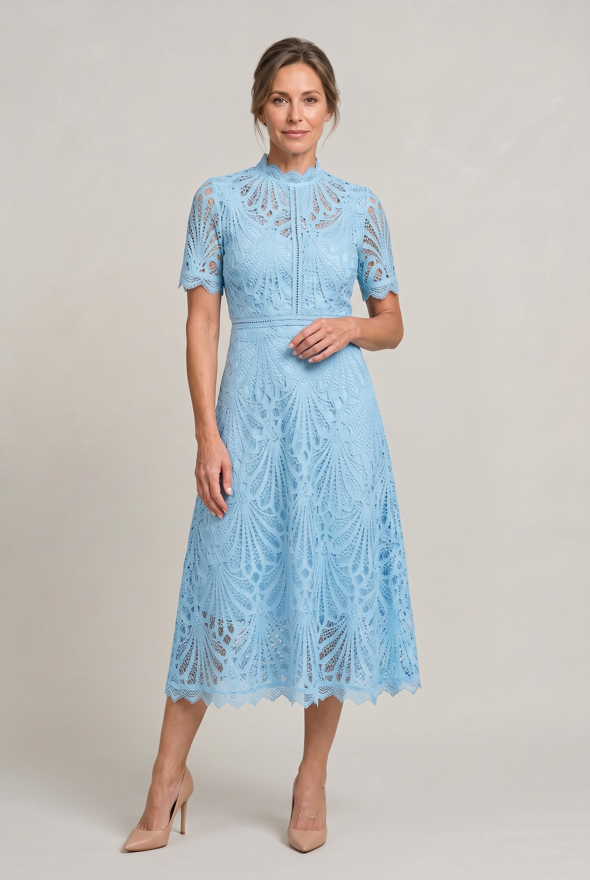 Lace High Neck Midi Dress - Women's Cutwork Dress