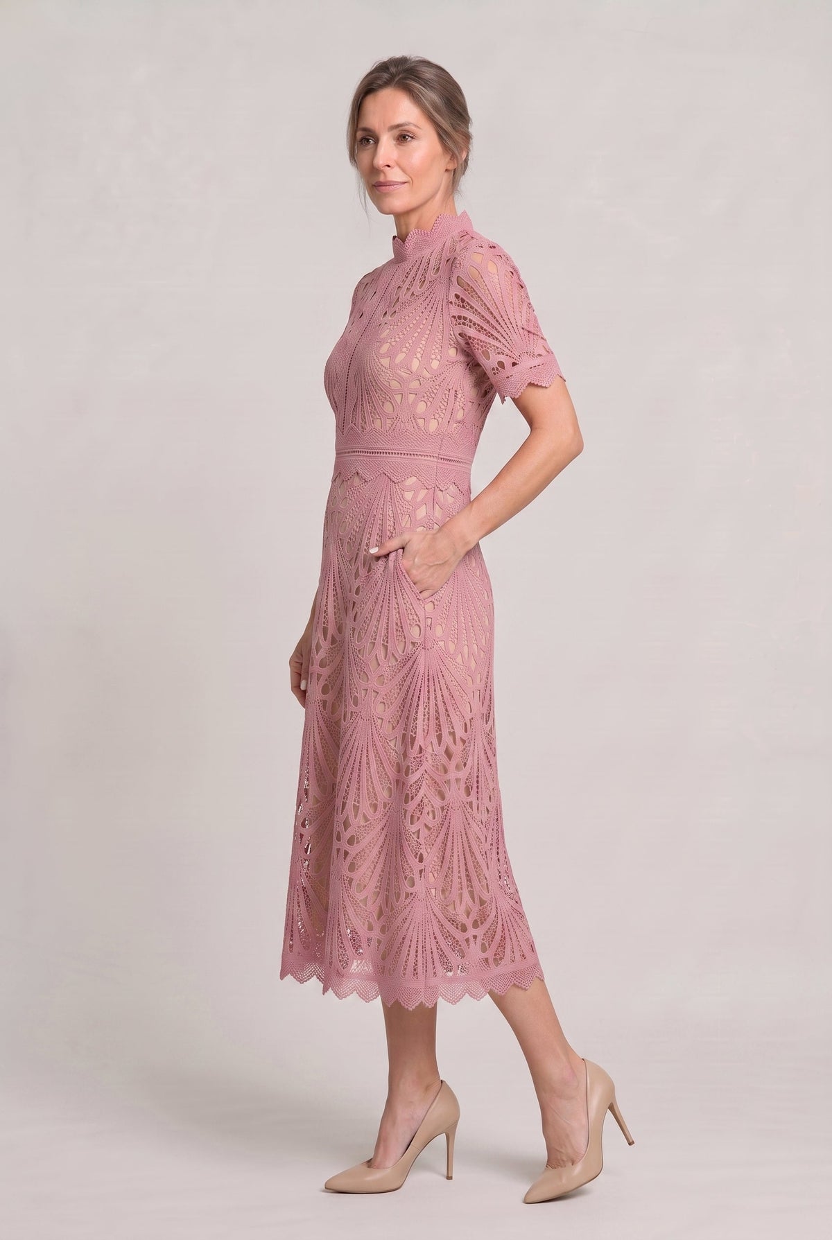 Lace High Neck Midi Dress - Women's Cutwork Dress