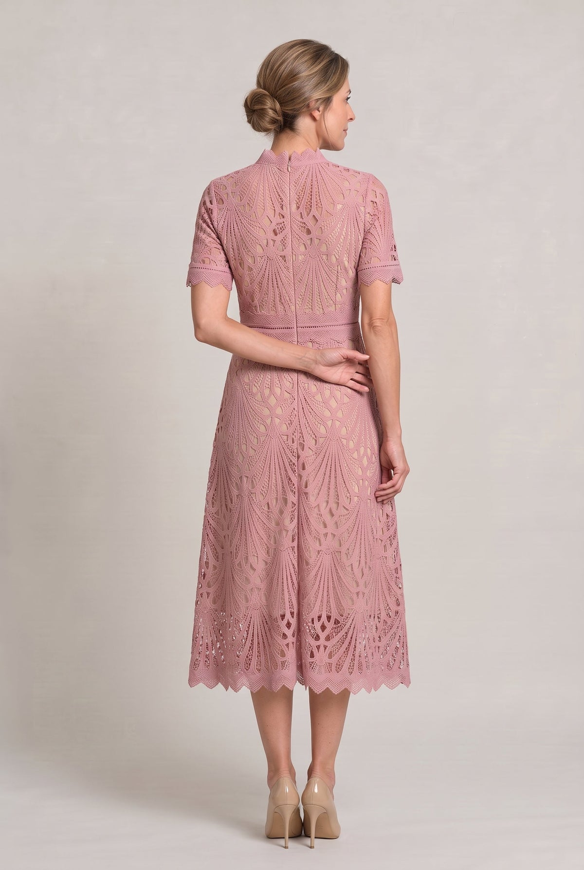 Lace High Neck Midi Dress - Women's Cutwork Dress