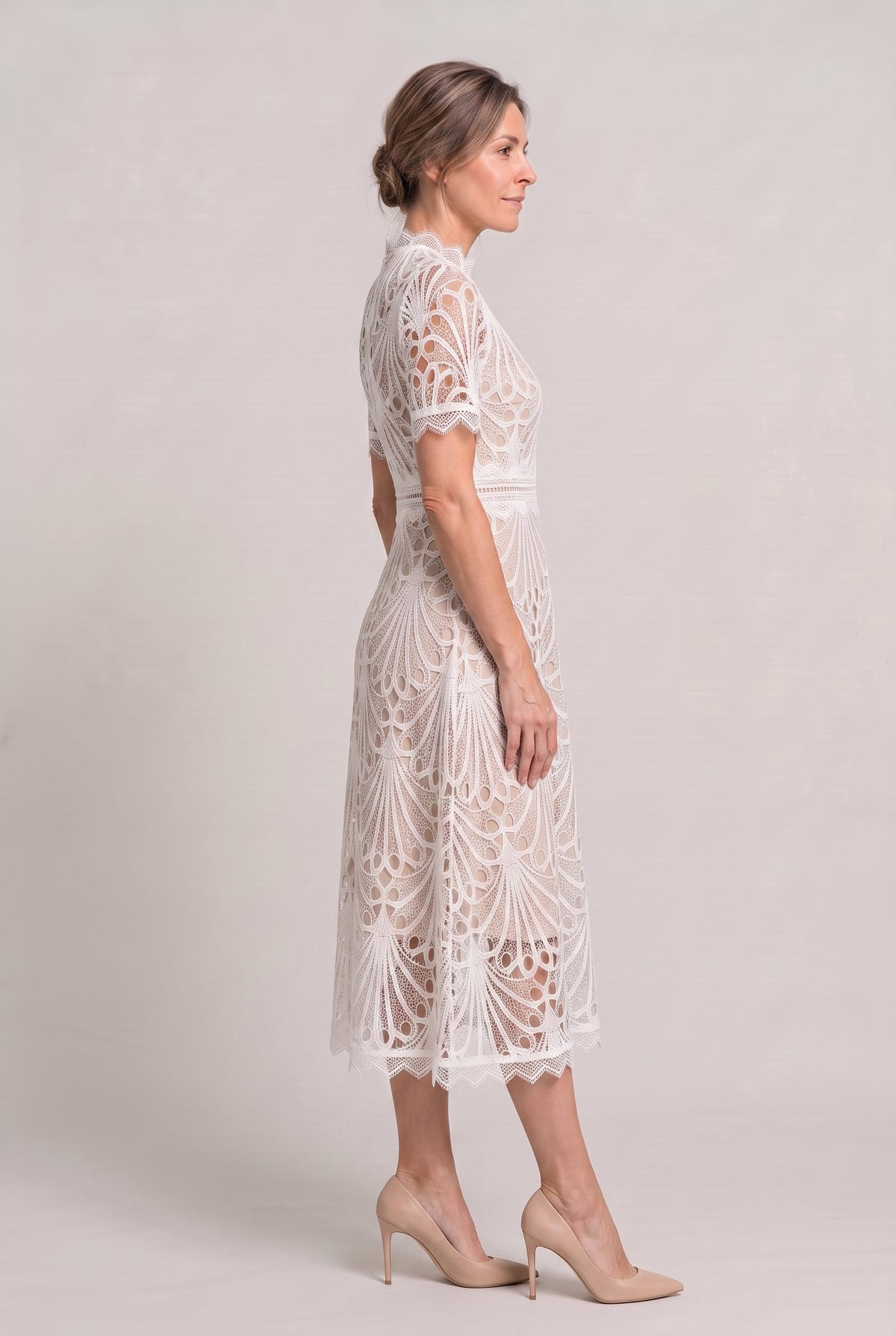 Lace High Neck Midi Dress - Women's Cutwork Dress