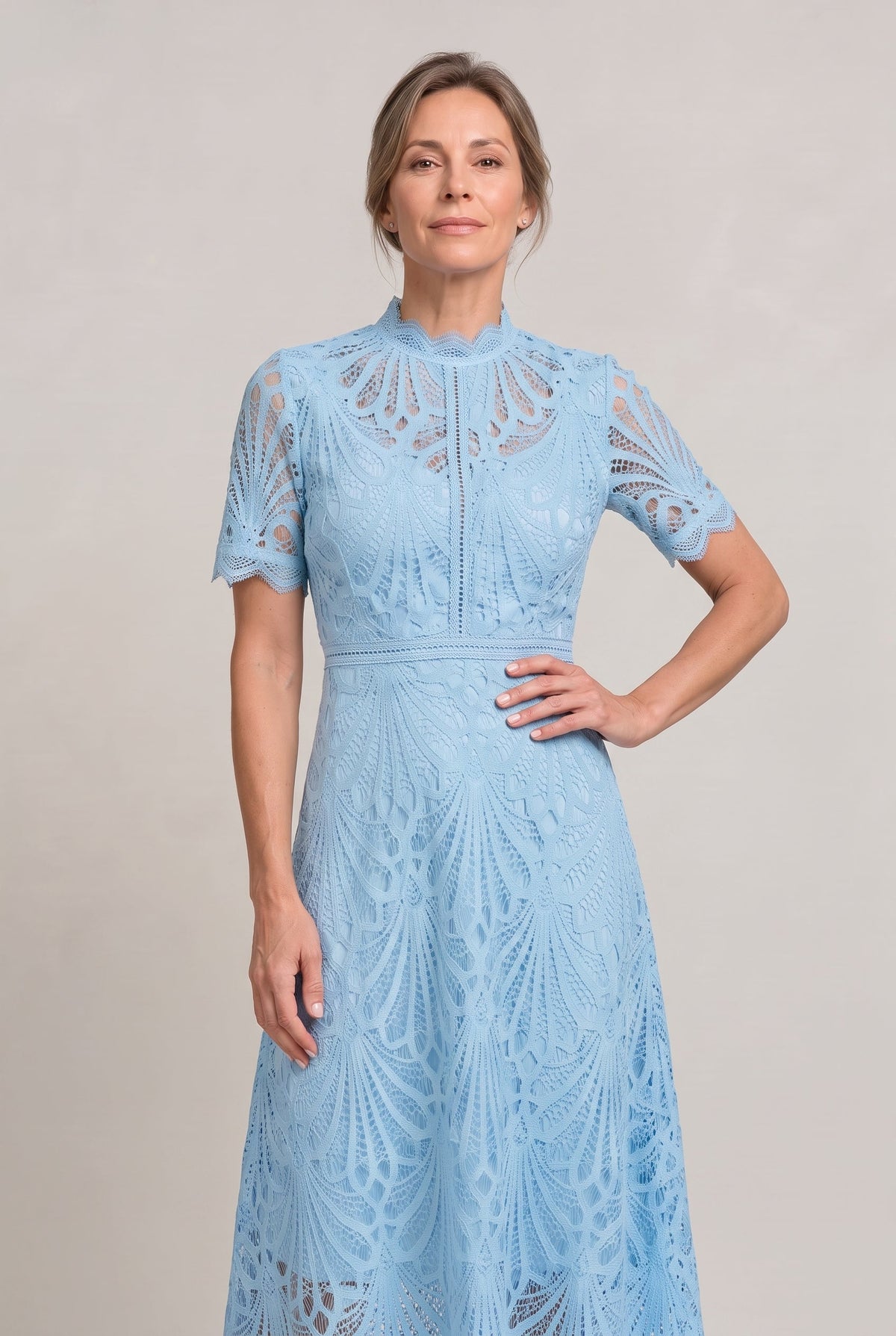 Lace High Neck Midi Dress - Women's Cutwork Dress