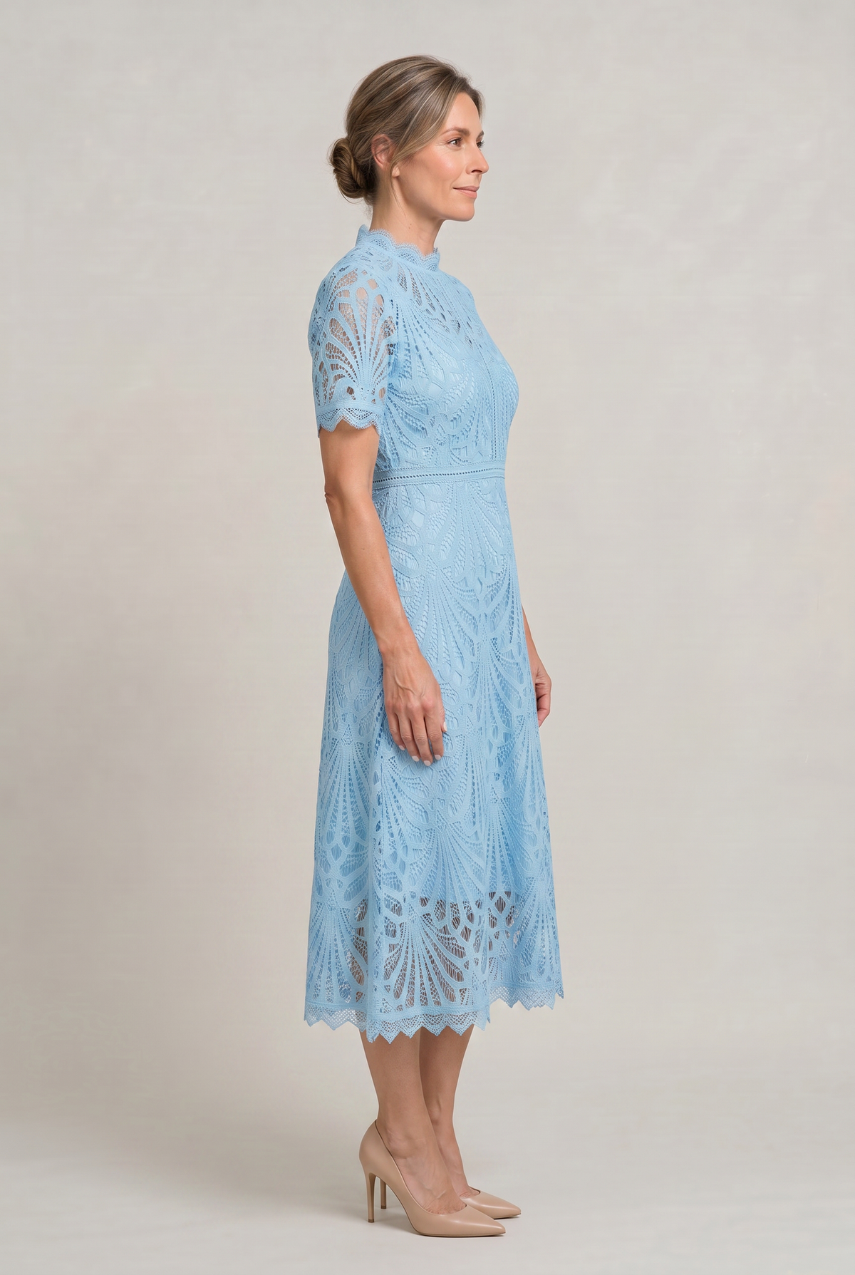 Lace High Neck Midi Dress - Women's Cutwork Dress