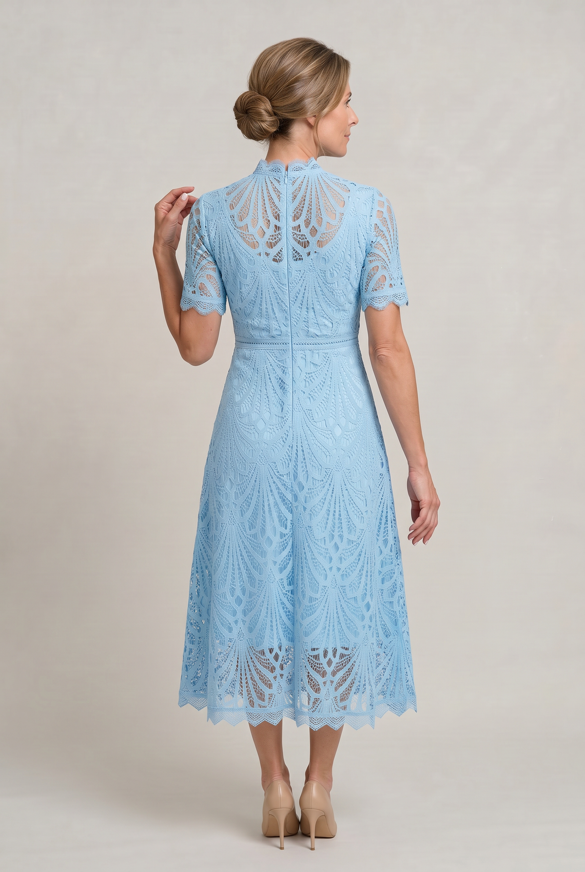 Lace High Neck Midi Dress - Women's Cutwork Dress