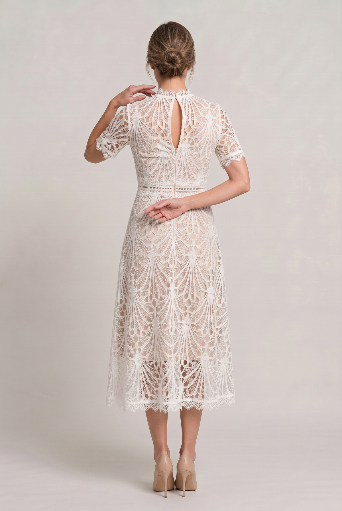 Lace High Neck Midi Dress - Women's Cutwork Dress