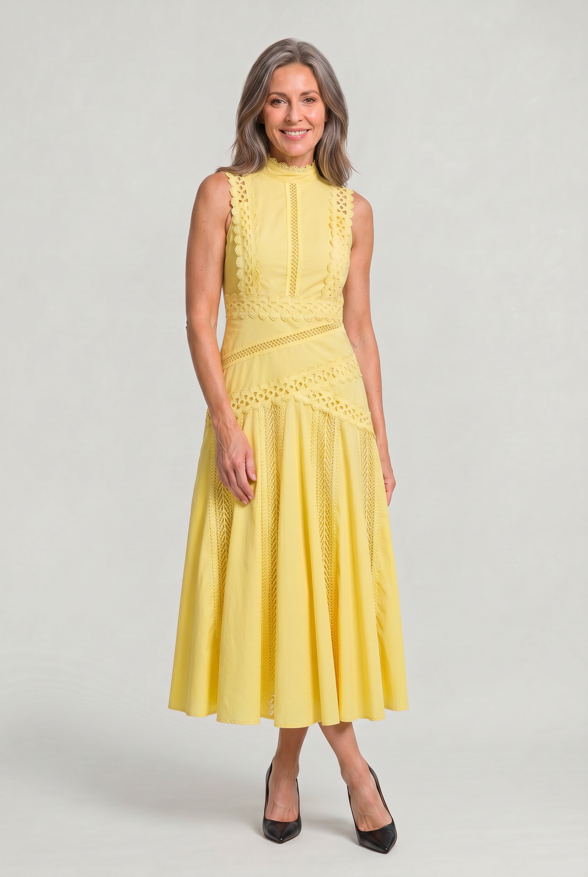 Women's Sleeveless Lace Panel Midi Dress - Occasion Dress