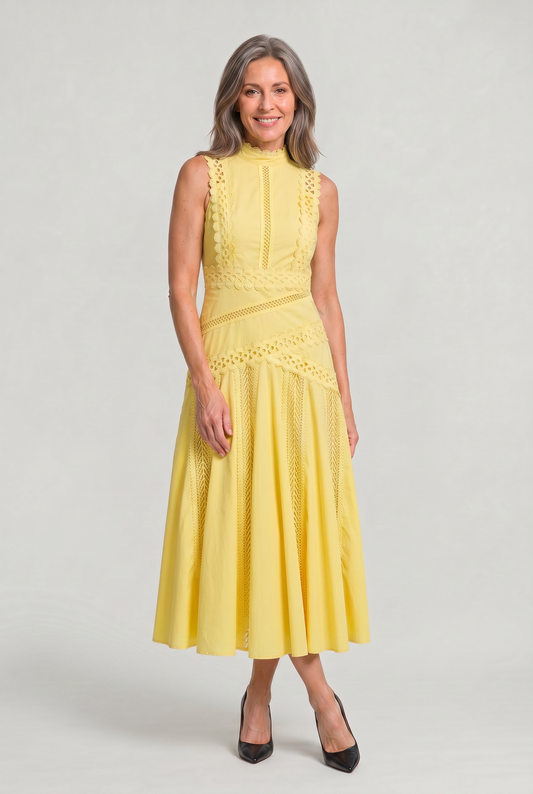 Women's Sleeveless Lace Panel Midi Dress - Occasion Dress