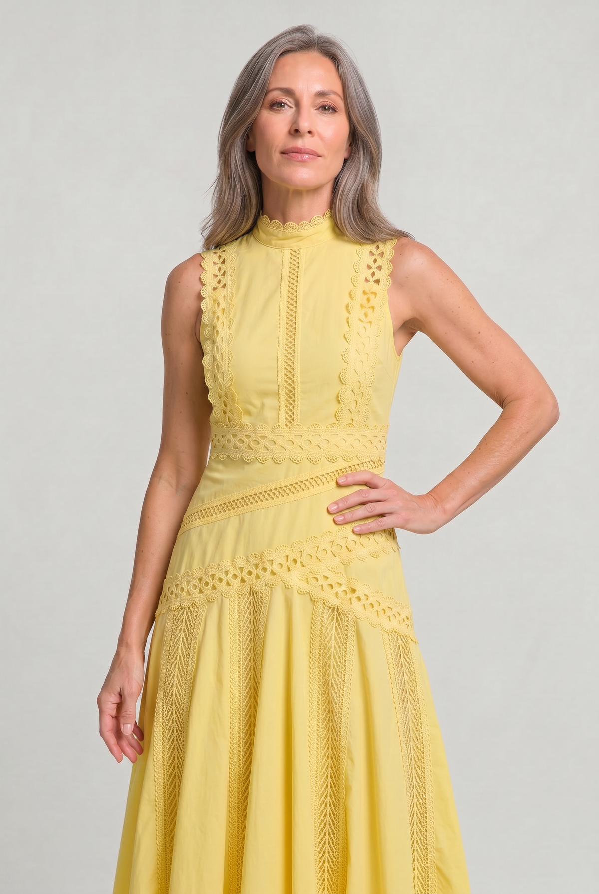 Women's Sleeveless Lace Panel Midi Dress - Occasion Dress