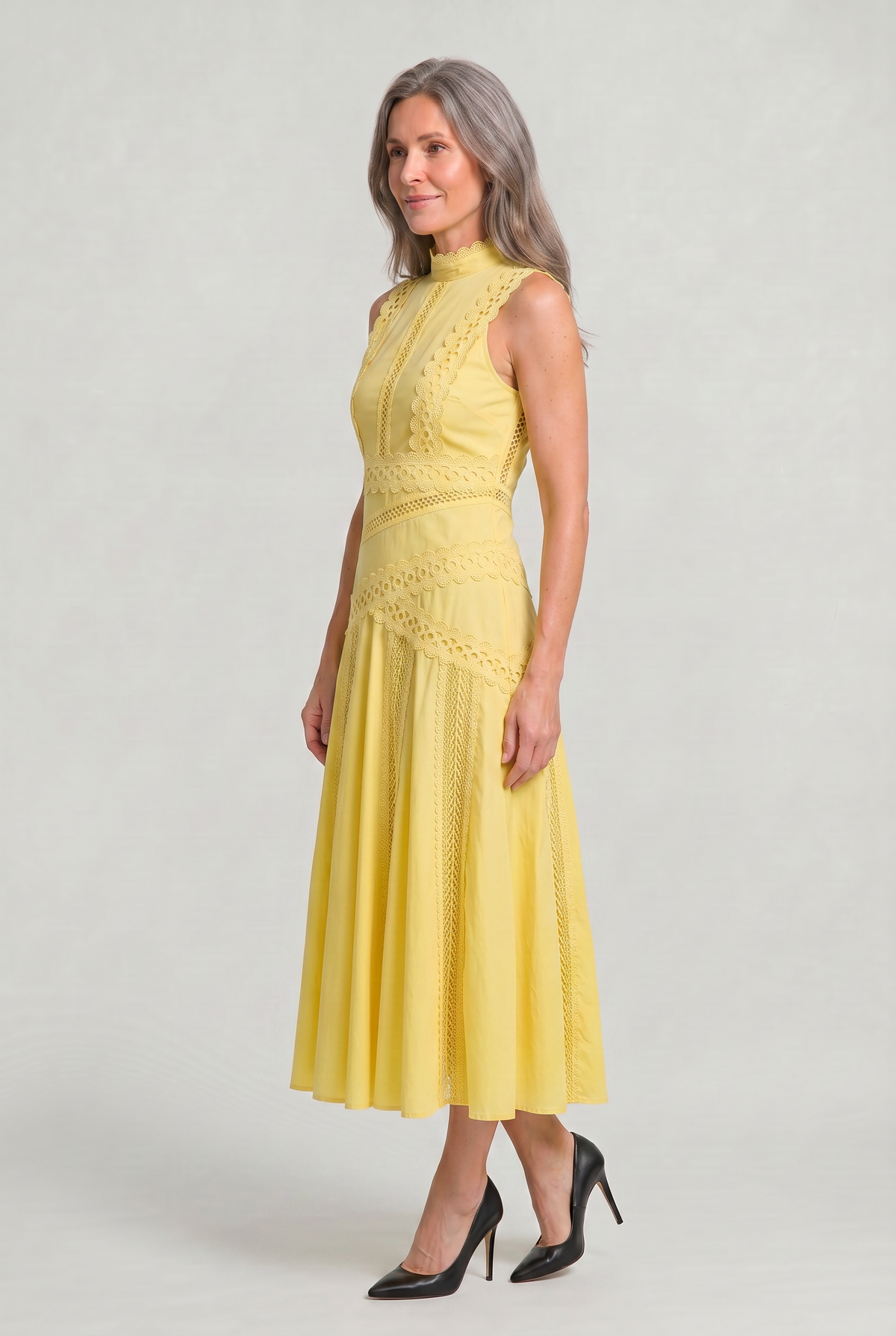 Women's Sleeveless Lace Panel Midi Dress - Occasion Dress
