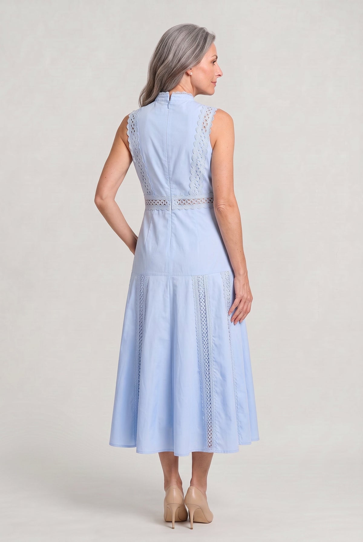 Women's Sleeveless Lace Panel Midi Dress - Occasion Dress