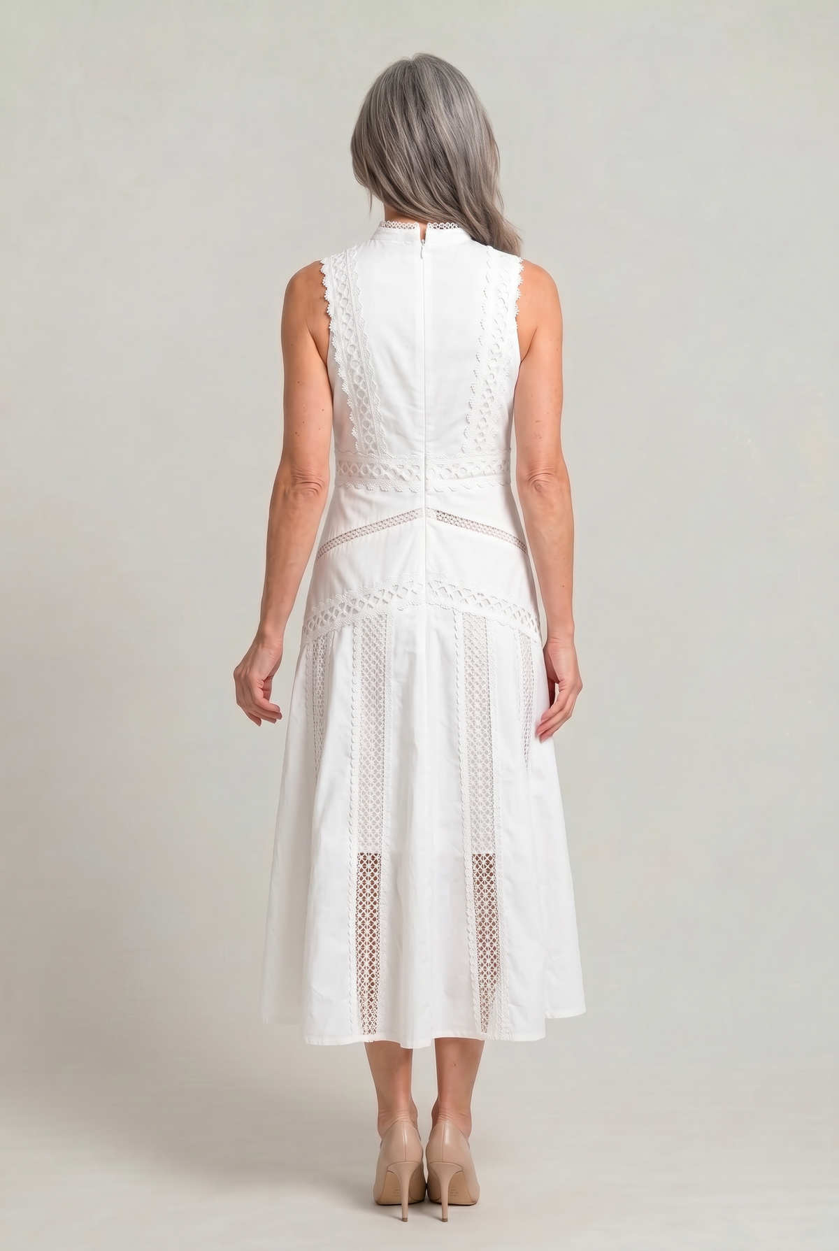 Women's Sleeveless Lace Panel Midi Dress - Occasion Dress