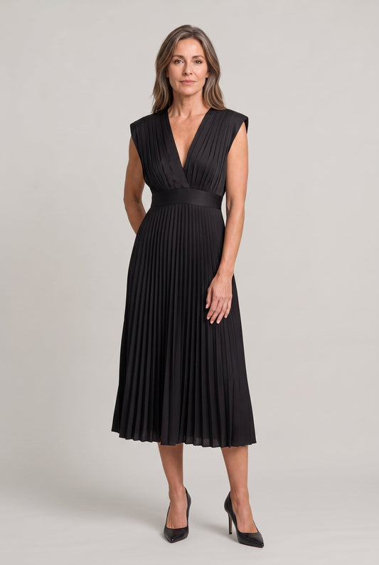 Women's Pleated Midi V-Neck Dress - Wedding Guest Dress