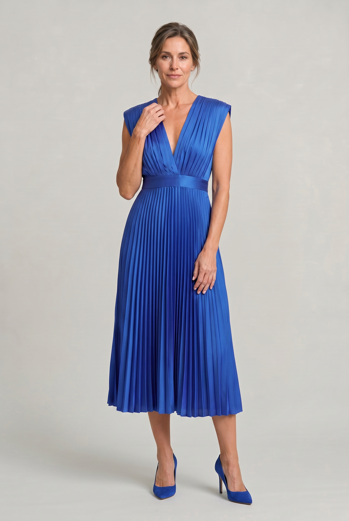 Women's Pleated Midi V-Neck Dress - Wedding Guest Dress