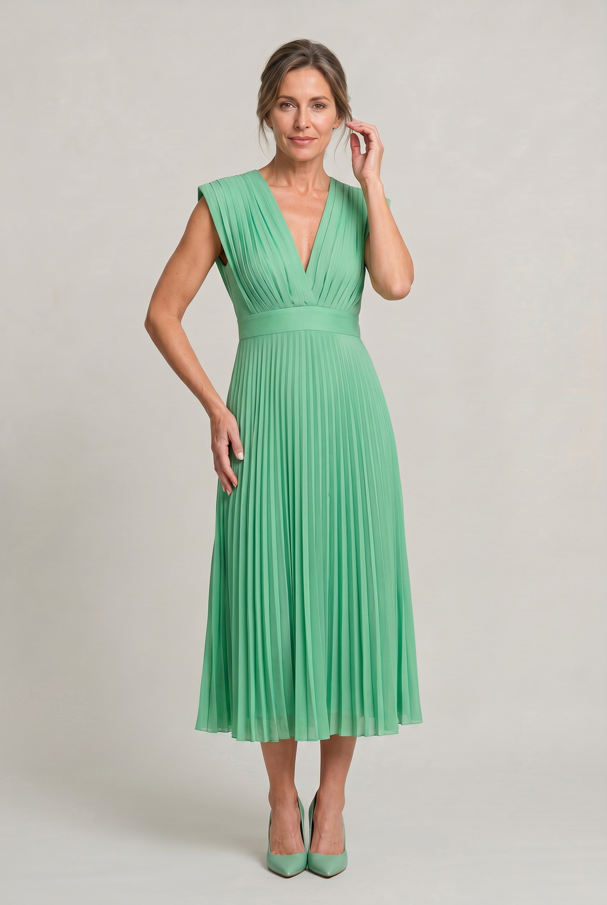 Women's Pleated Midi V-Neck Dress - Wedding Guest Dress