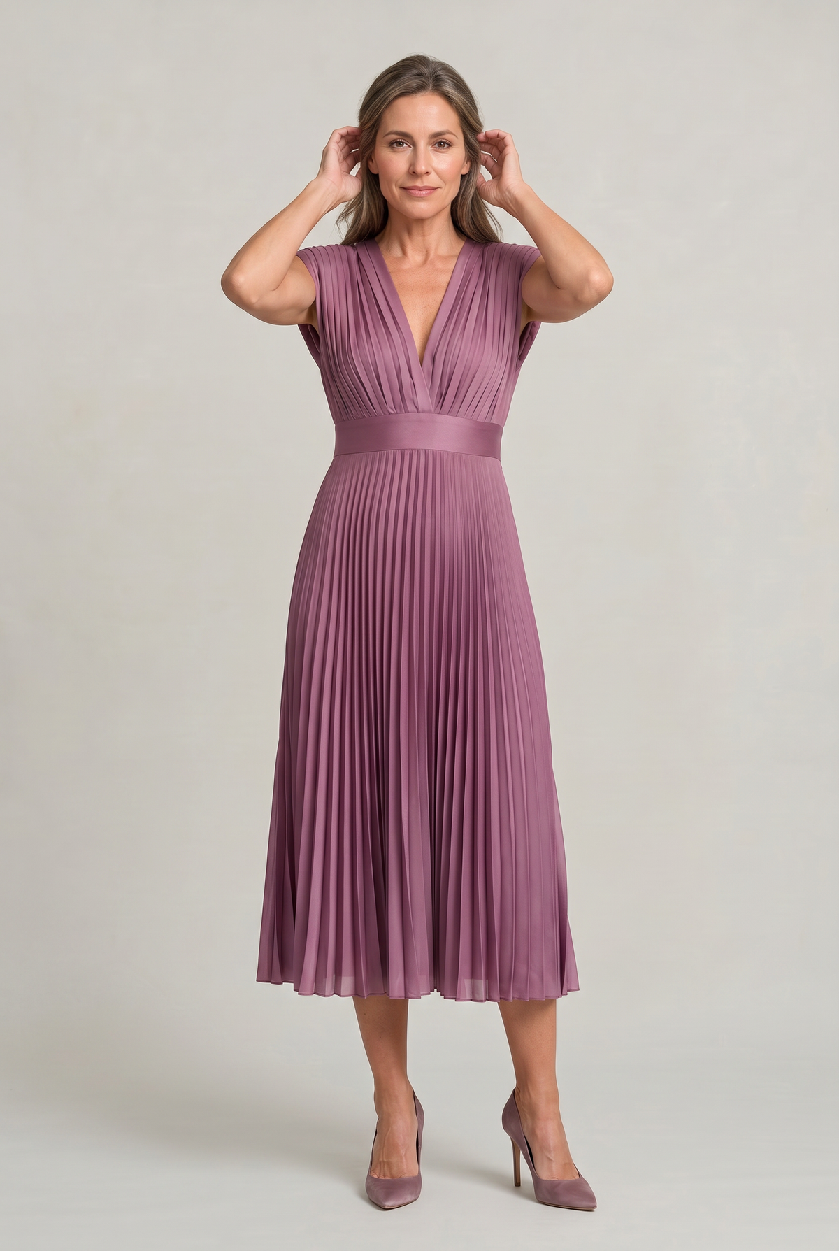 Women's Pleated Midi V-Neck Dress - Wedding Guest Dress
