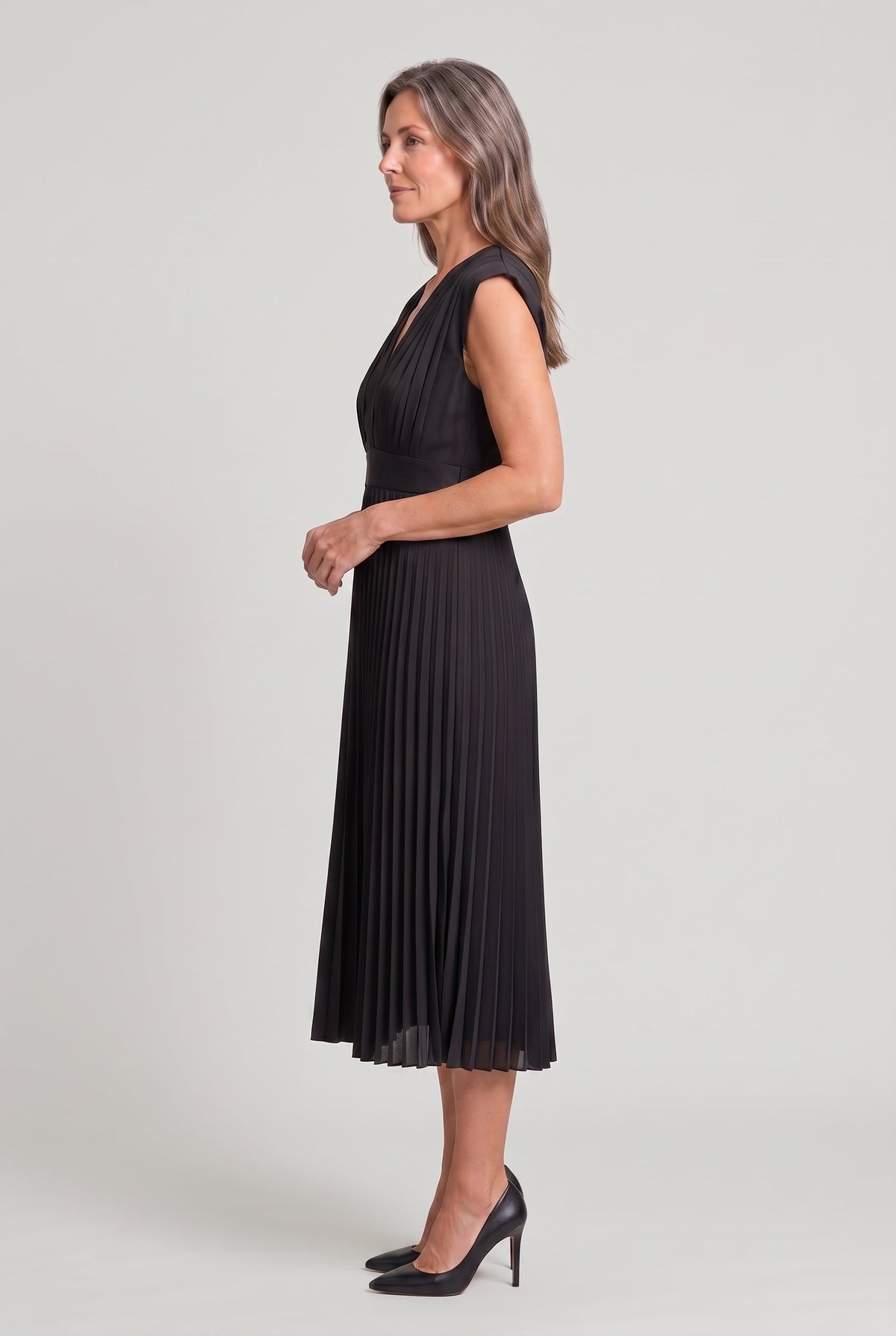 Women's Pleated Midi V-Neck Dress - Wedding Guest Dress