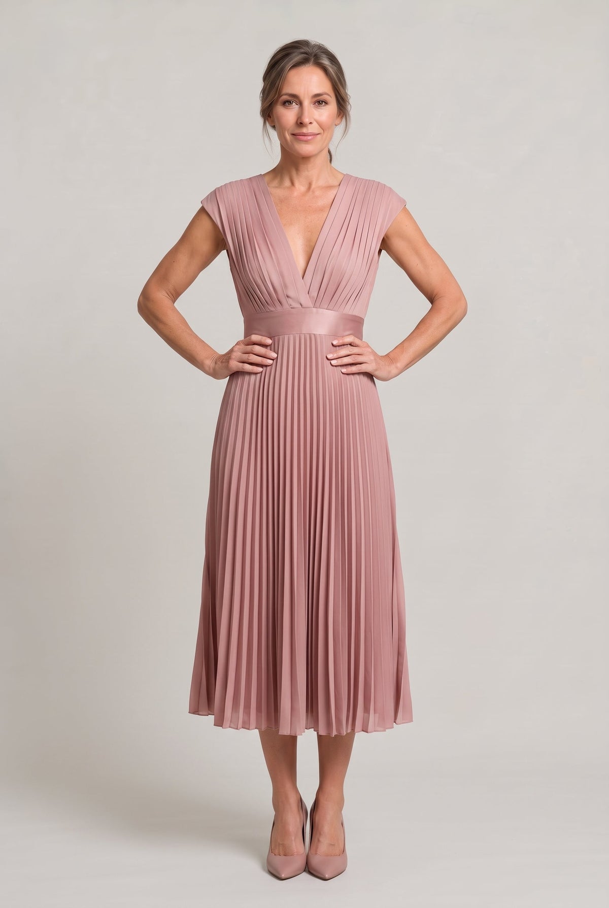 Women's Pleated Midi V-Neck Dress - Wedding Guest Dress