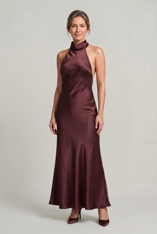 Satin Halter Maxi Dress - Open Back Women's Evening Gown