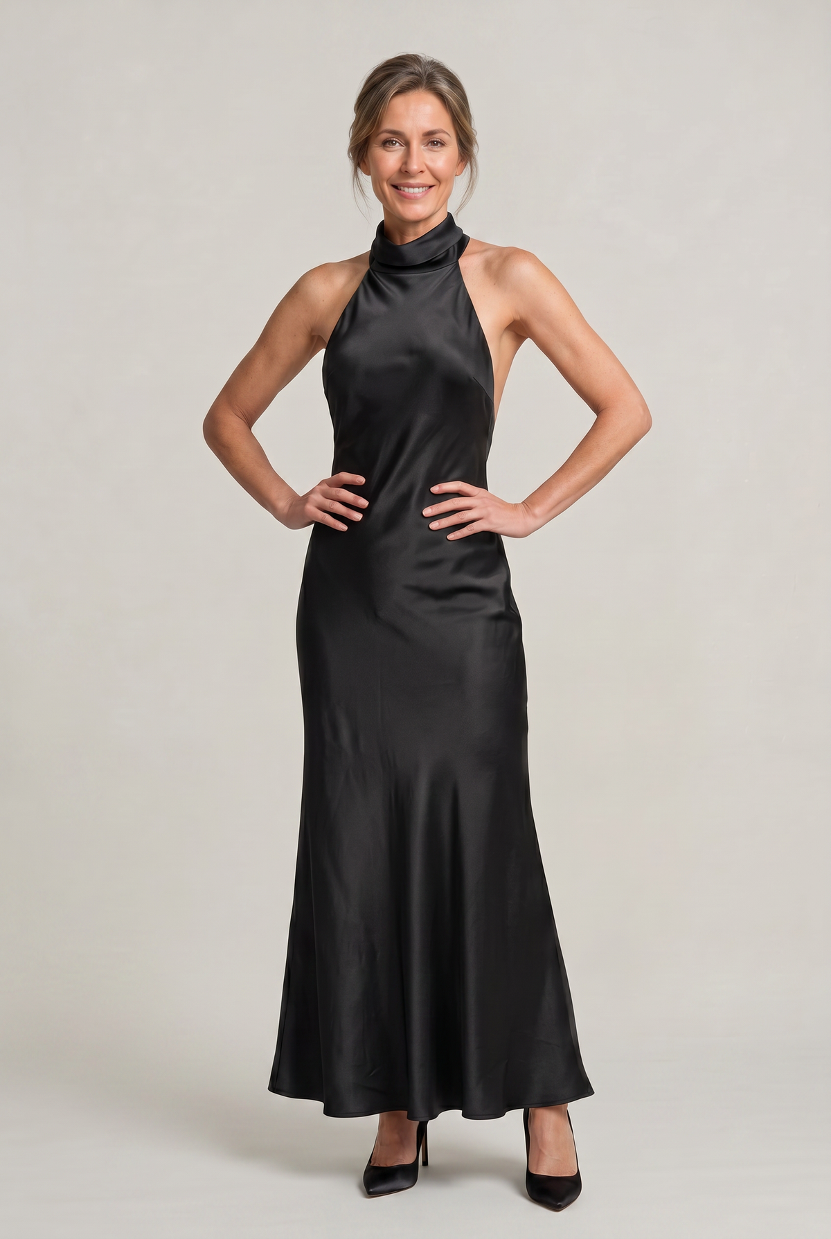 Satin Halter Maxi Dress - Open Back Women's Evening Gown