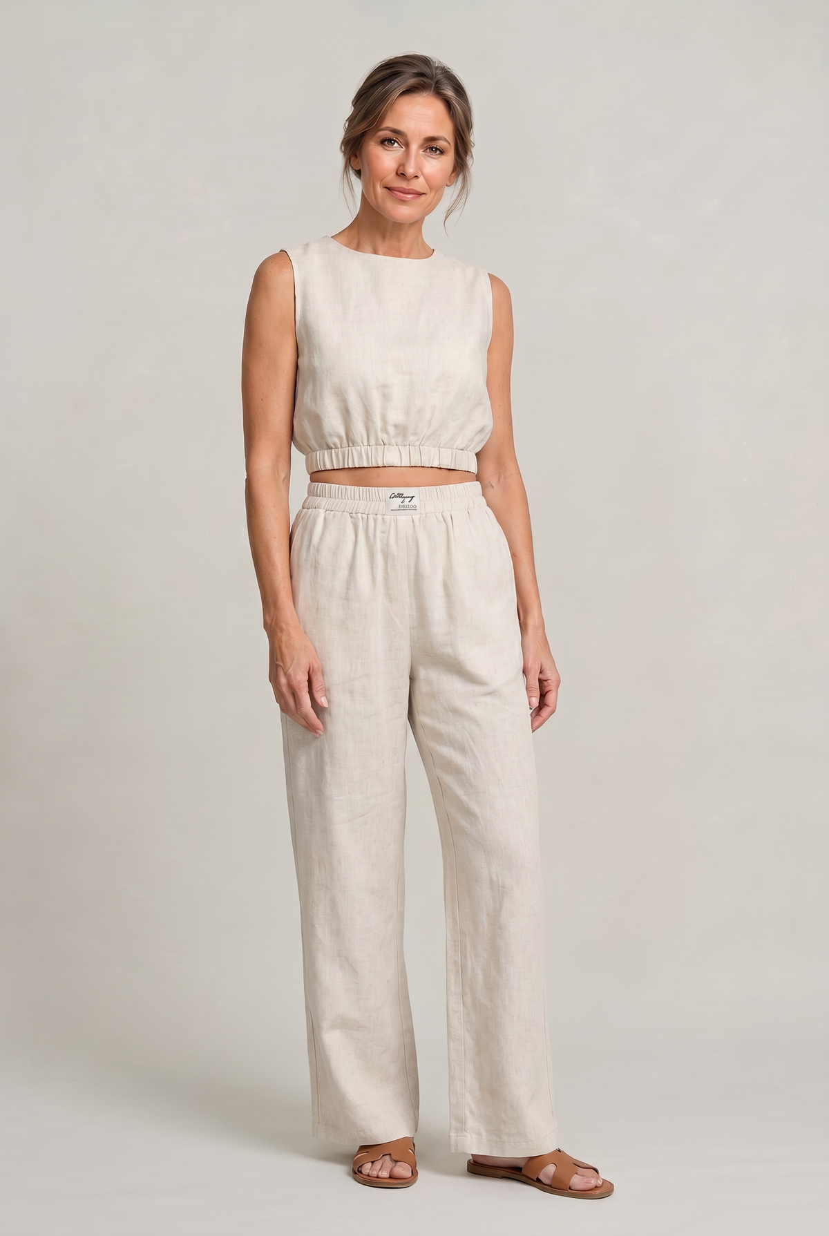 Women's Linen Top and Wide Leg Trousers - Two Piece Set