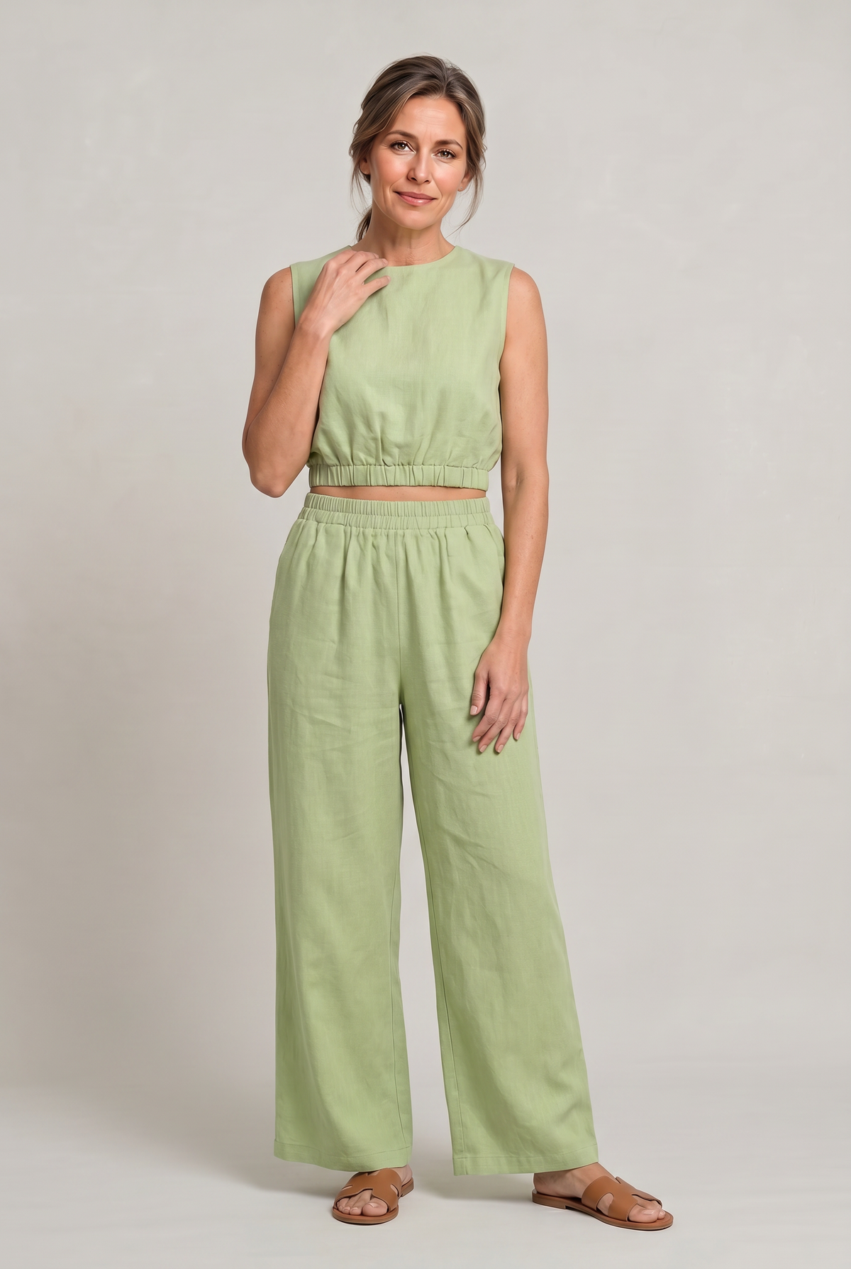 Women's Linen Top and Wide Leg Trousers - Two Piece Set