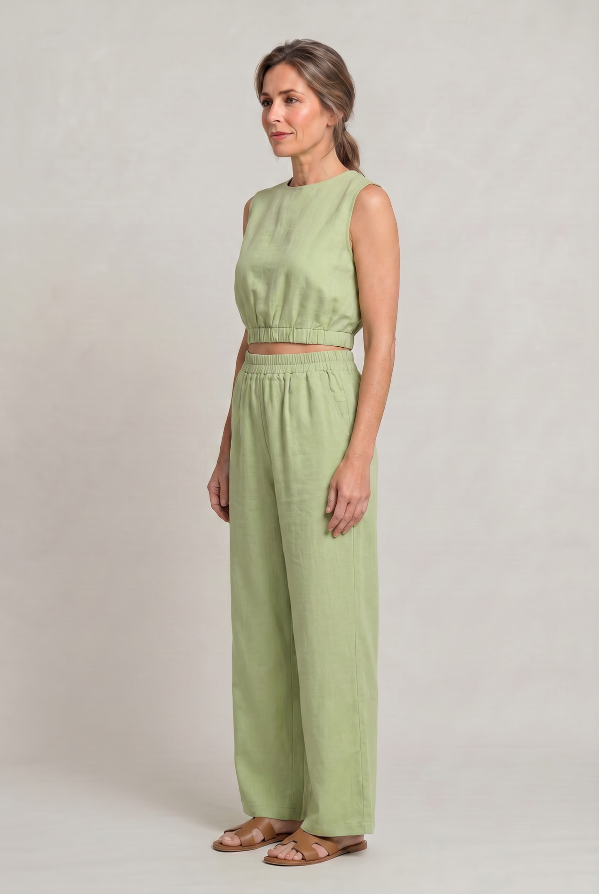 Women's Linen Top and Wide Leg Trousers - Two Piece Set