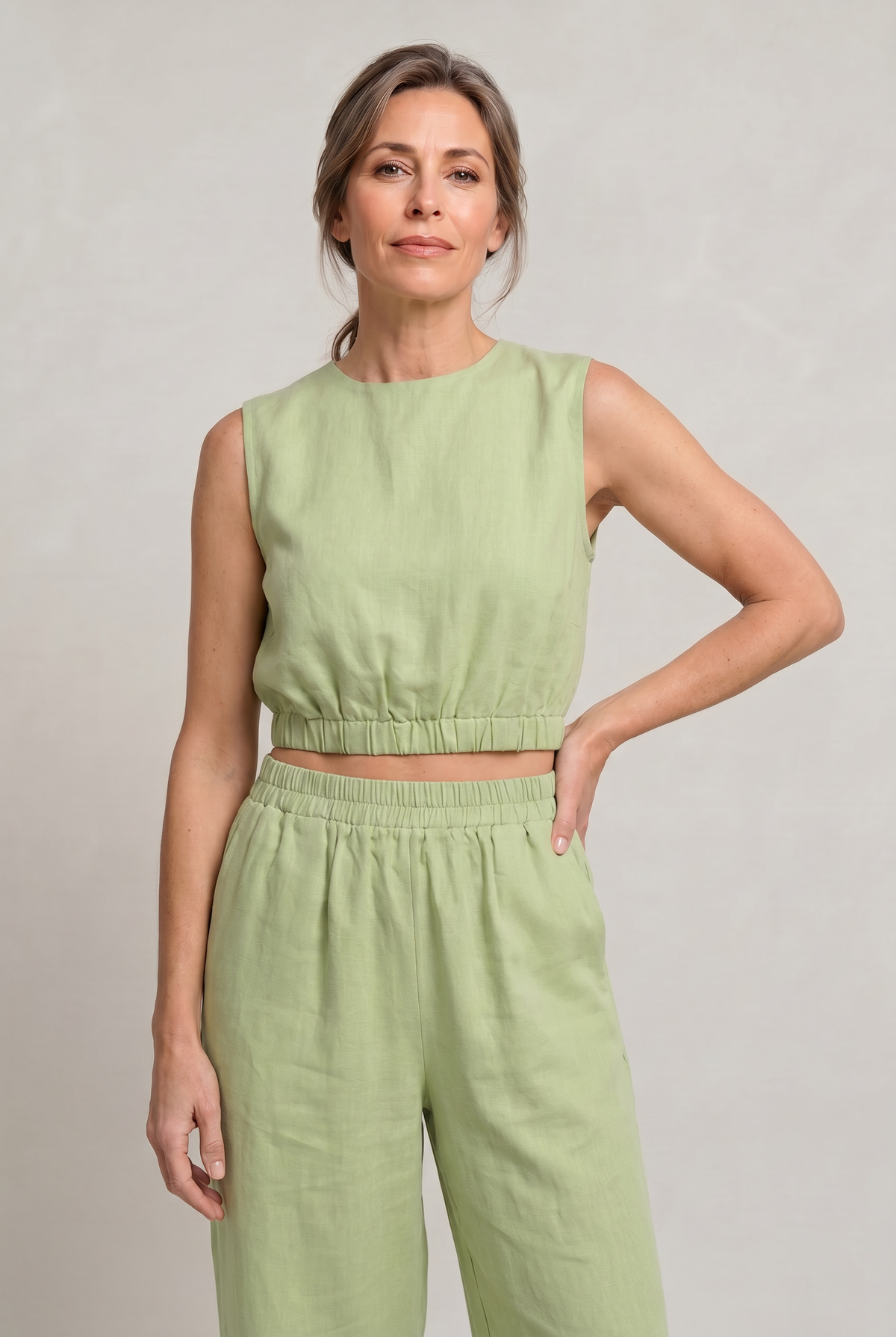 Women's Linen Top and Wide Leg Trousers - Two Piece Set
