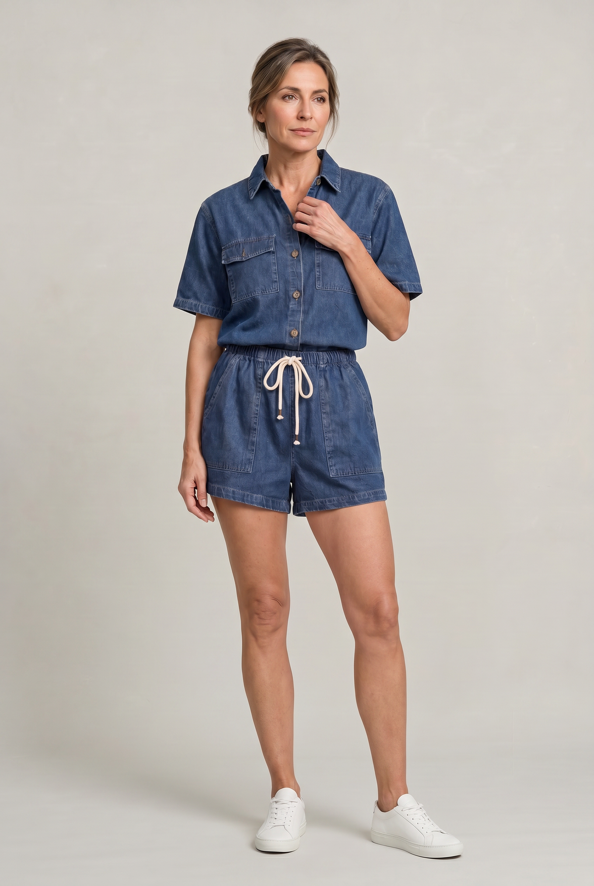 Denim Shirt and Shorts Set - Women's Two Piece Set