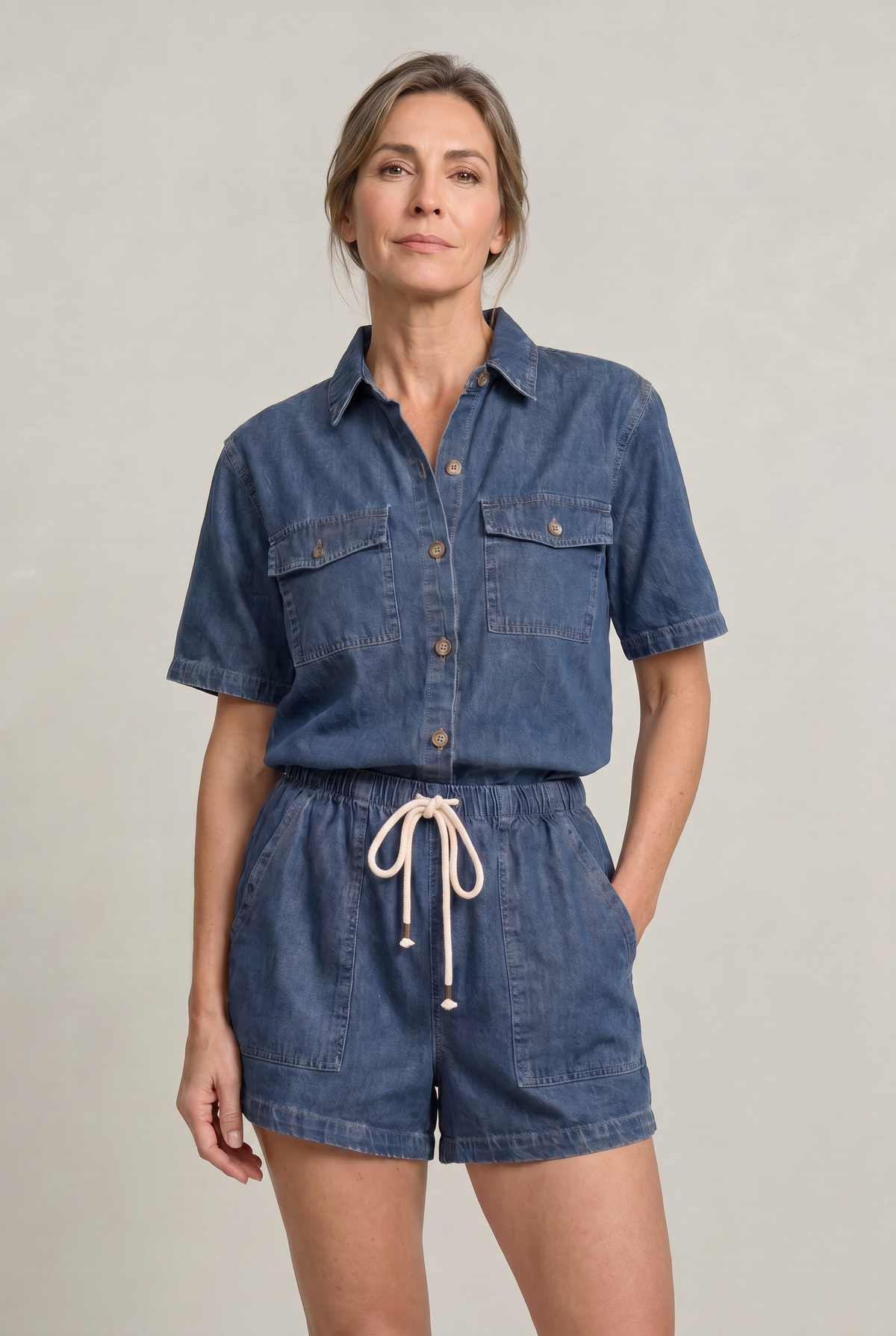 Denim Shirt and Shorts Set - Women's Two Piece Set