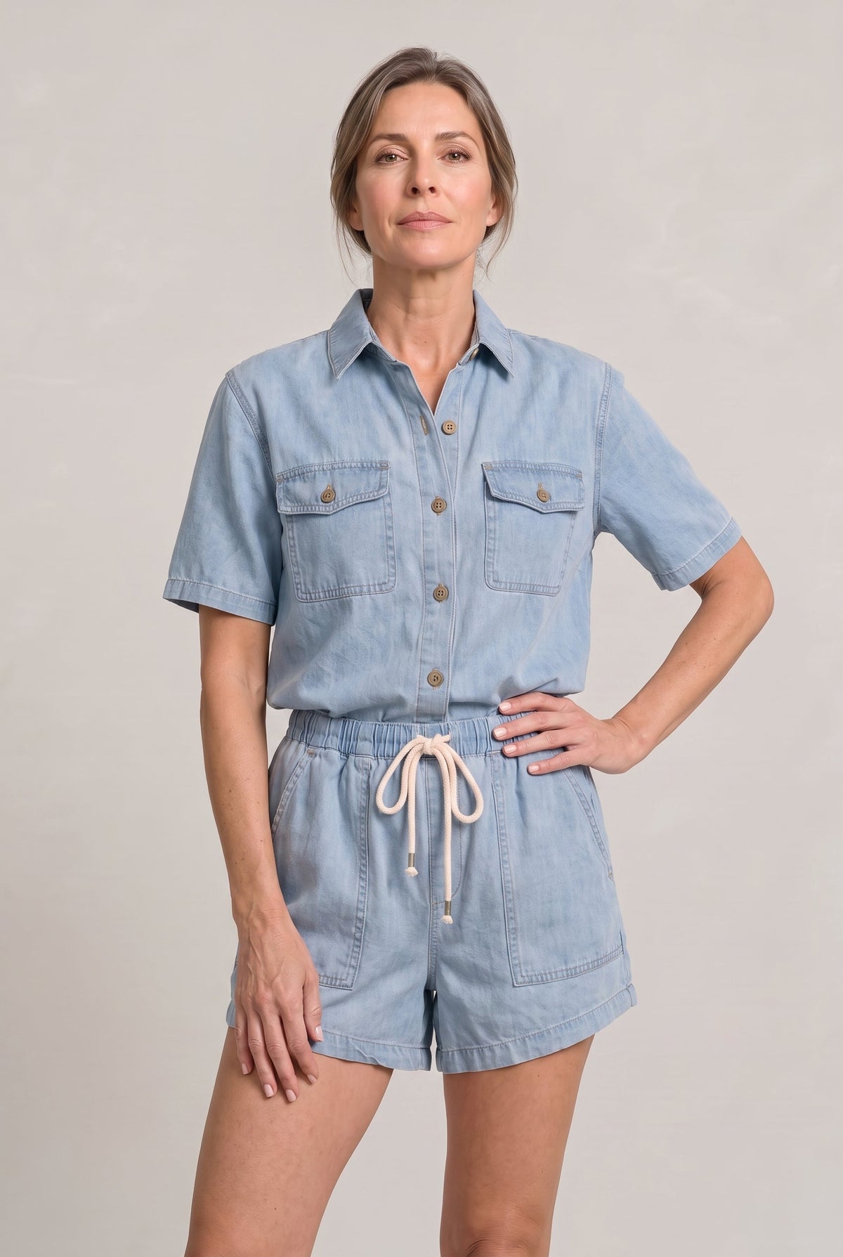 Denim Shirt and Shorts Set - Women's Two Piece Set