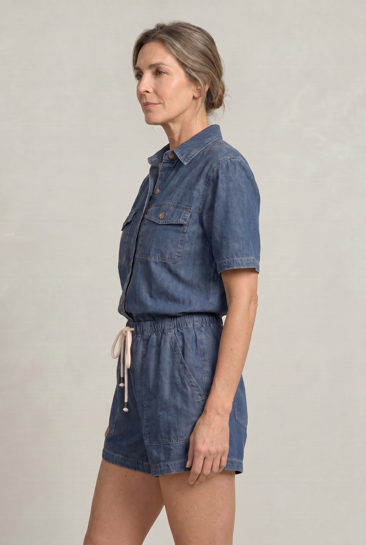Denim Shirt and Shorts Set - Women's Two Piece Set