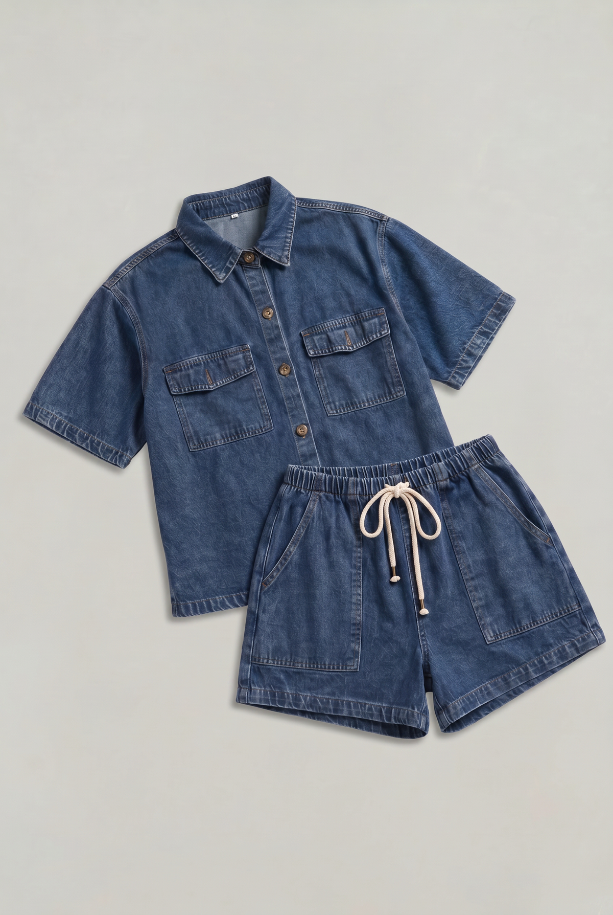 Denim Shirt and Shorts Set - Women's Two Piece Set