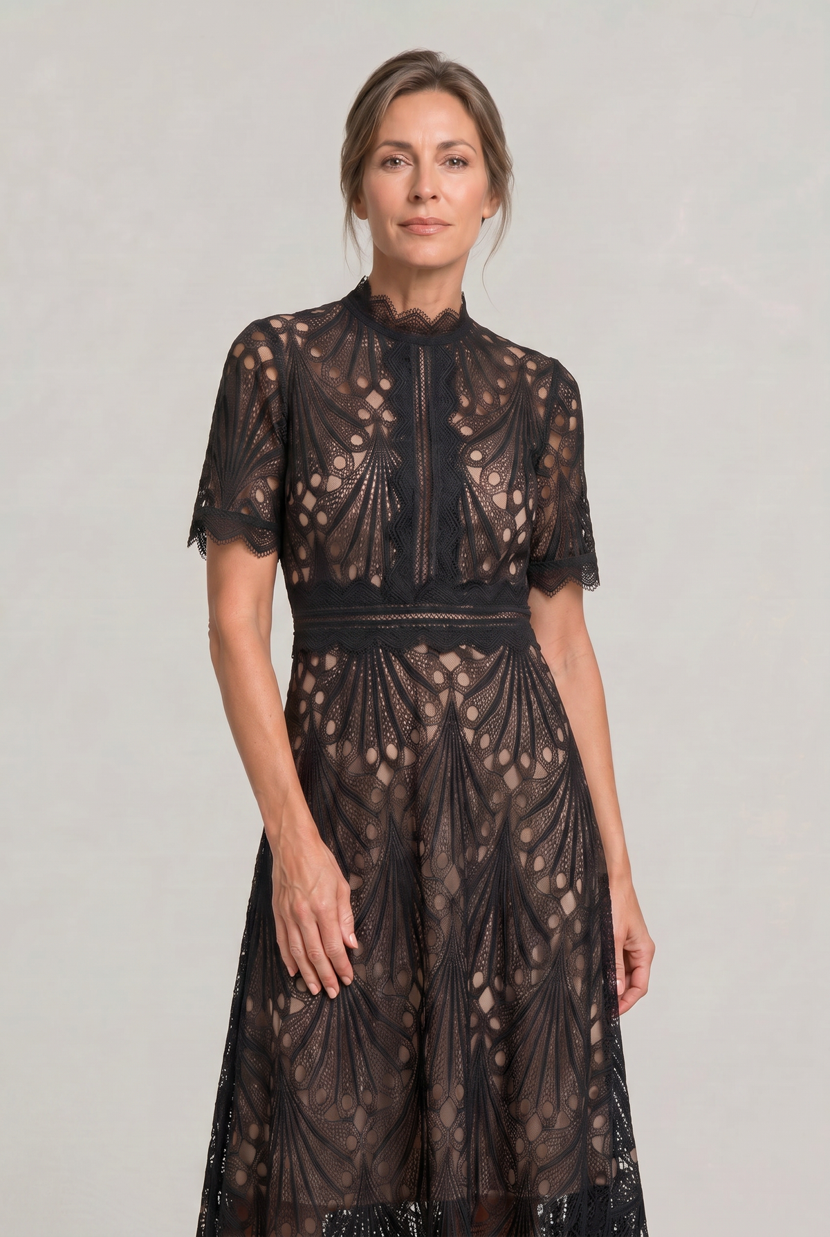 Lace High Neck Midi Dress - Women's Cutwork Dress