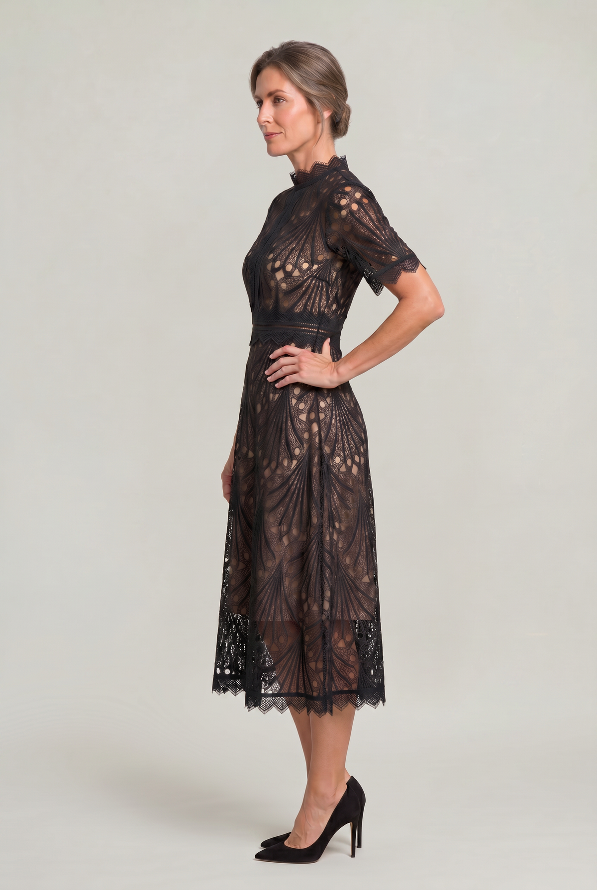 Lace High Neck Midi Dress - Women's Cutwork Dress