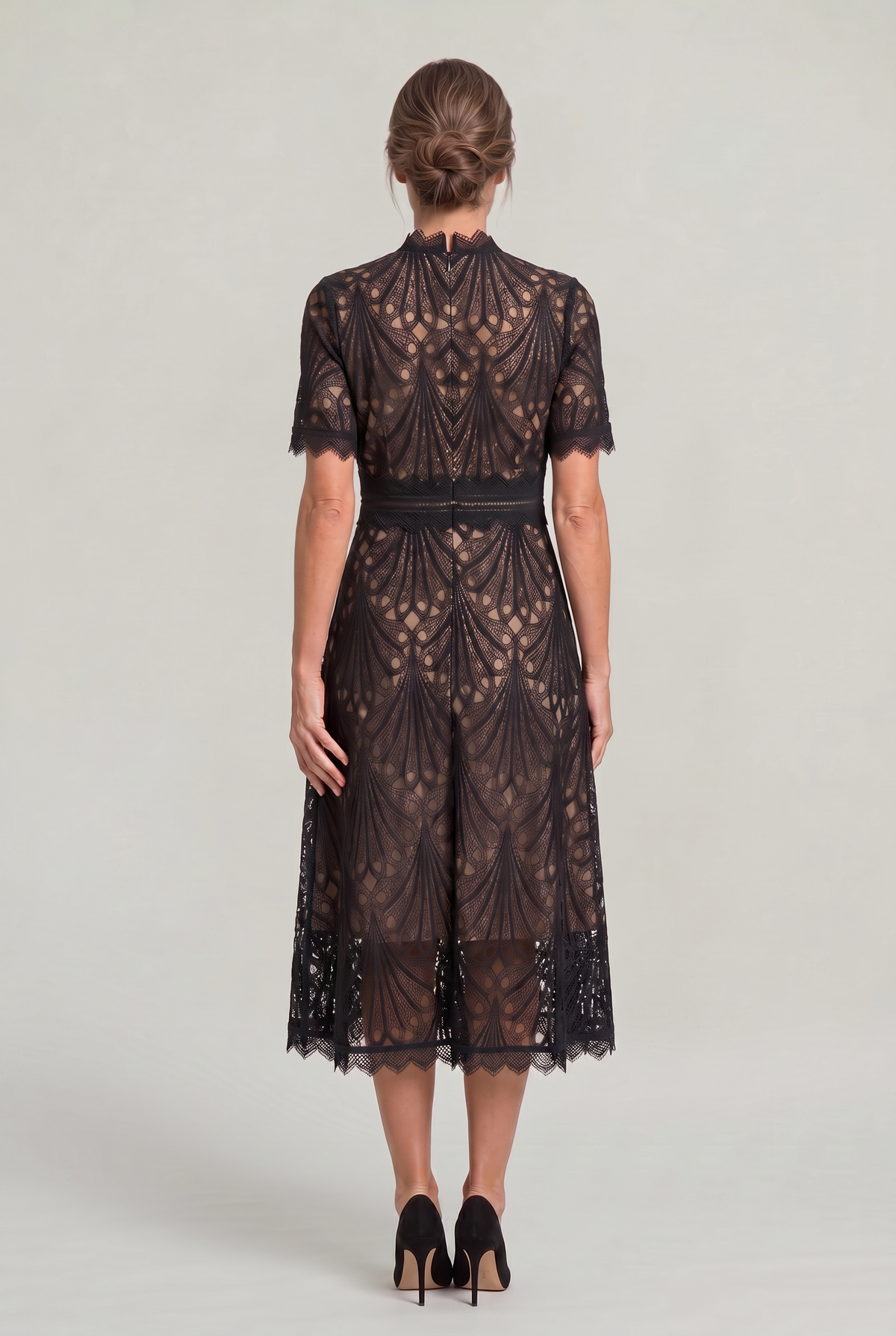 Lace High Neck Midi Dress - Women's Cutwork Dress