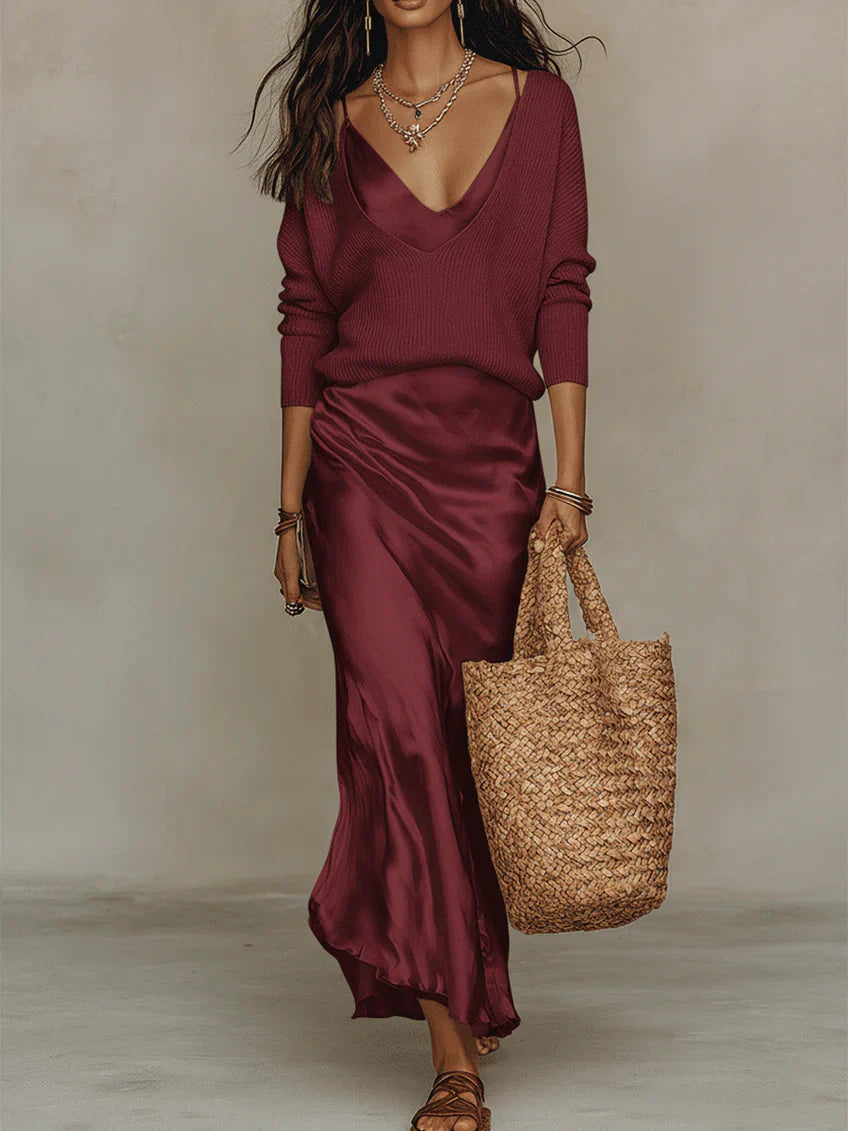 Aria Satin Midi Set - Women's Dress with Matching Knit