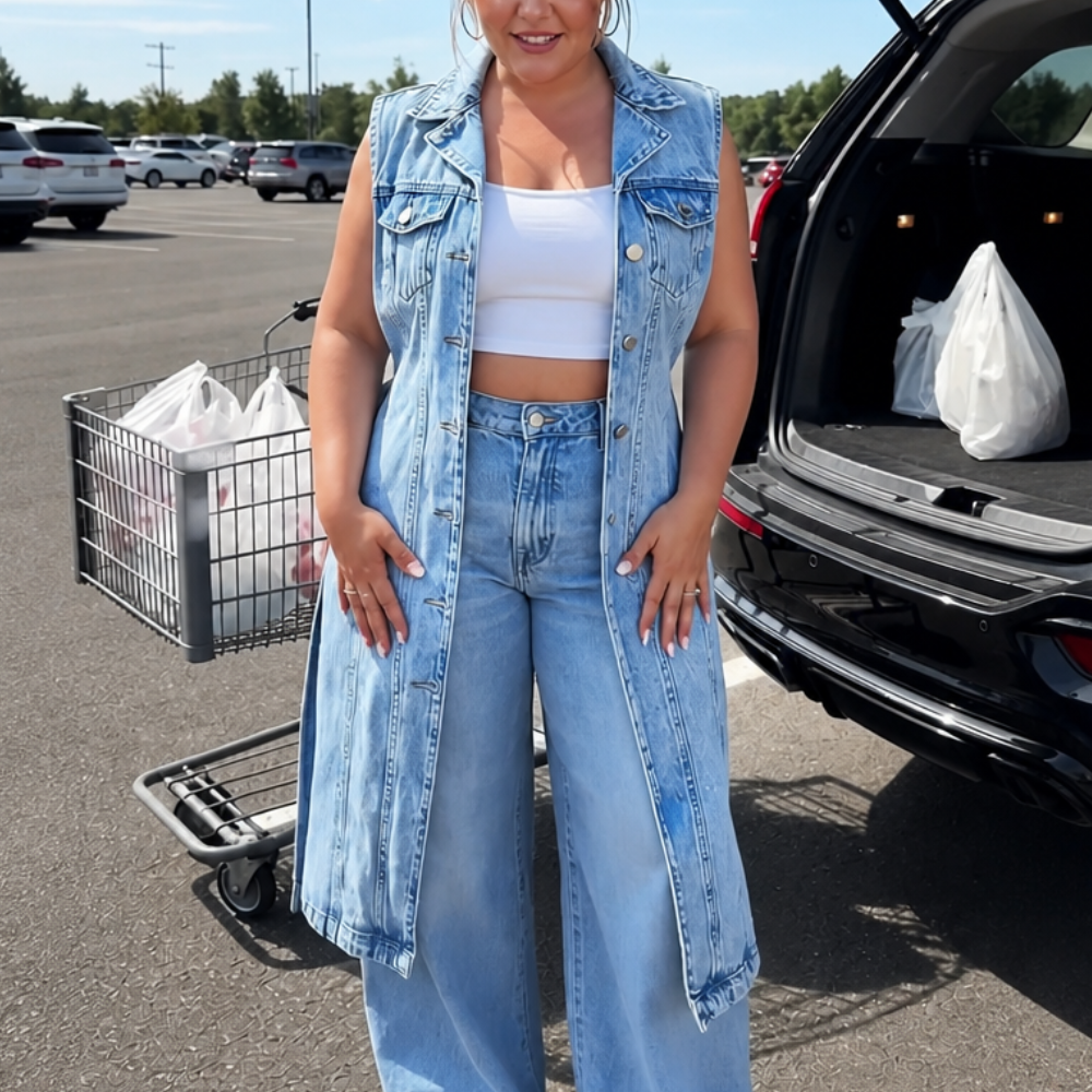 Overlaid Denim Vest Dress - Asymmetric Women's Denim Layer