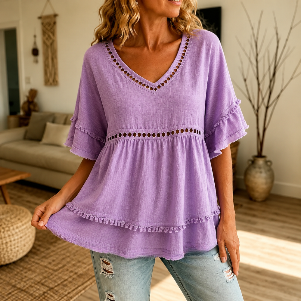 Meloria - Boho Babydoll Top with Eyelet and Fringe Hem