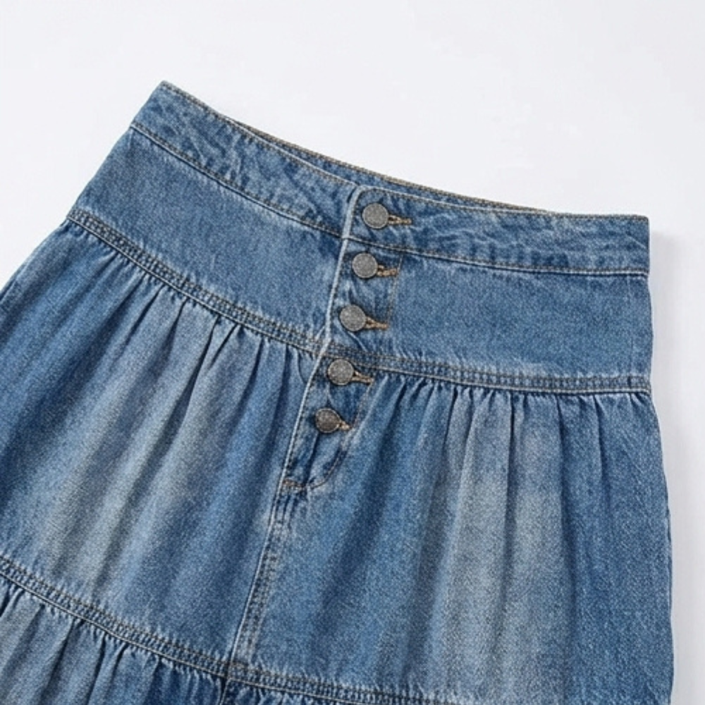Solera Denim Maxi Skirt - Women's Button Front Tiered Skirt